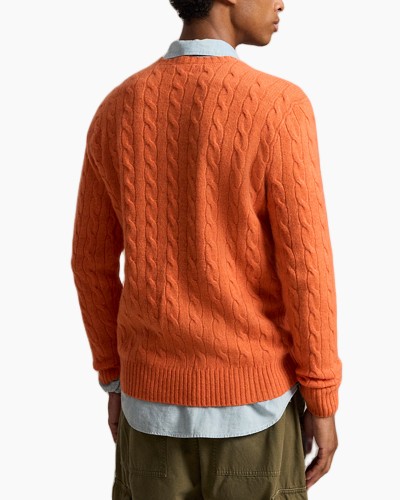 herentrui, oranje, kabelgebreid, ronde hals, lange mouw