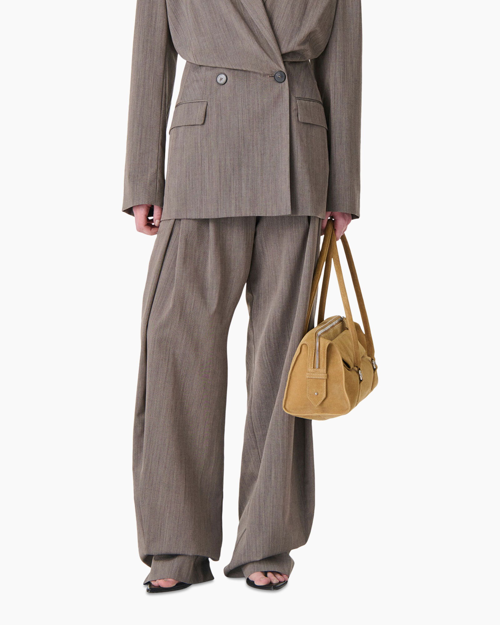 broekpak, broeken, blazer, bruin, tassen