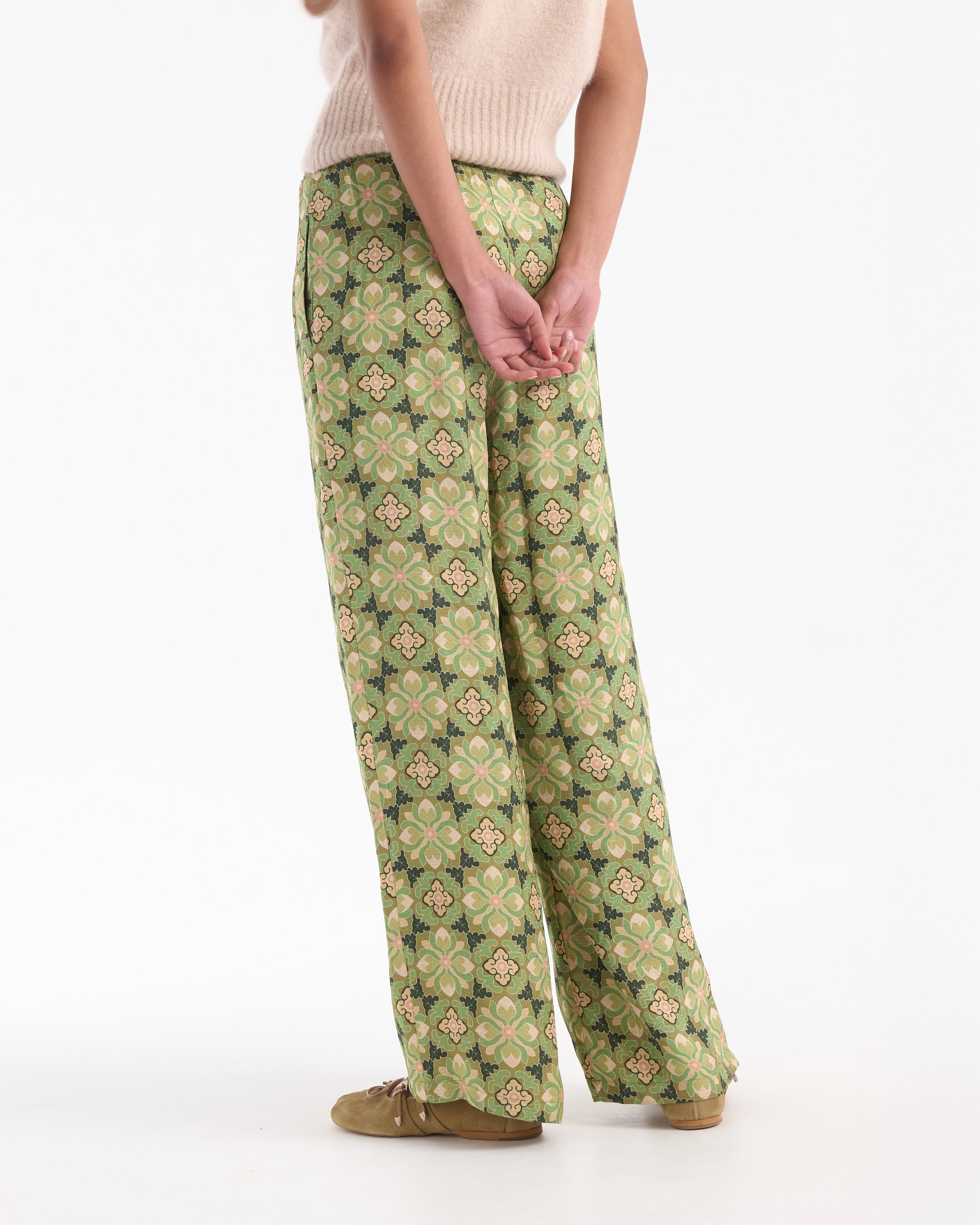 green, palazzo pants, patterned, wide leg, trousers
