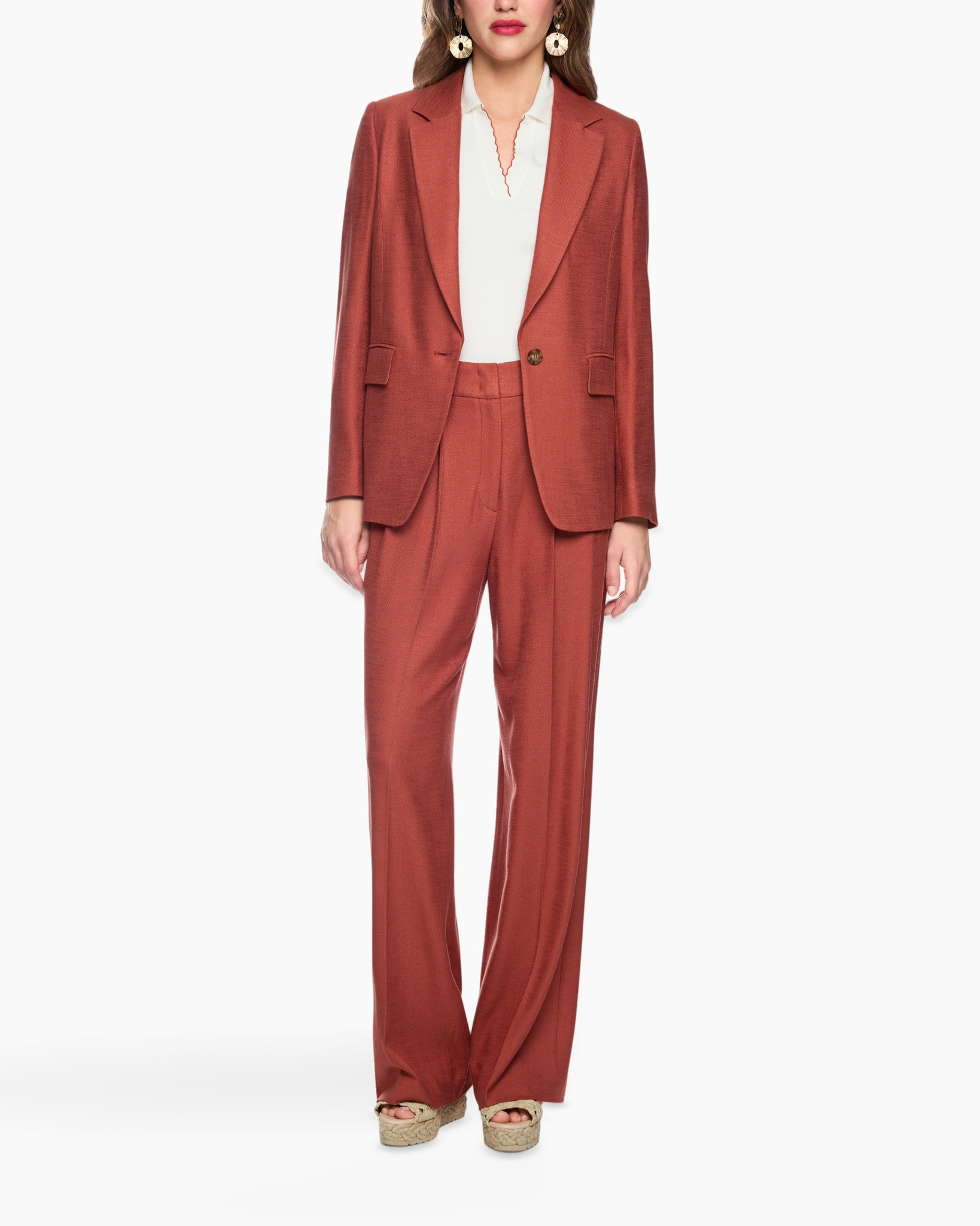 suit, blazer, pants, rust, wideleg