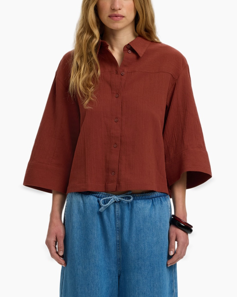 hemd, blouse, lange mouwen, roodbruin, kraag