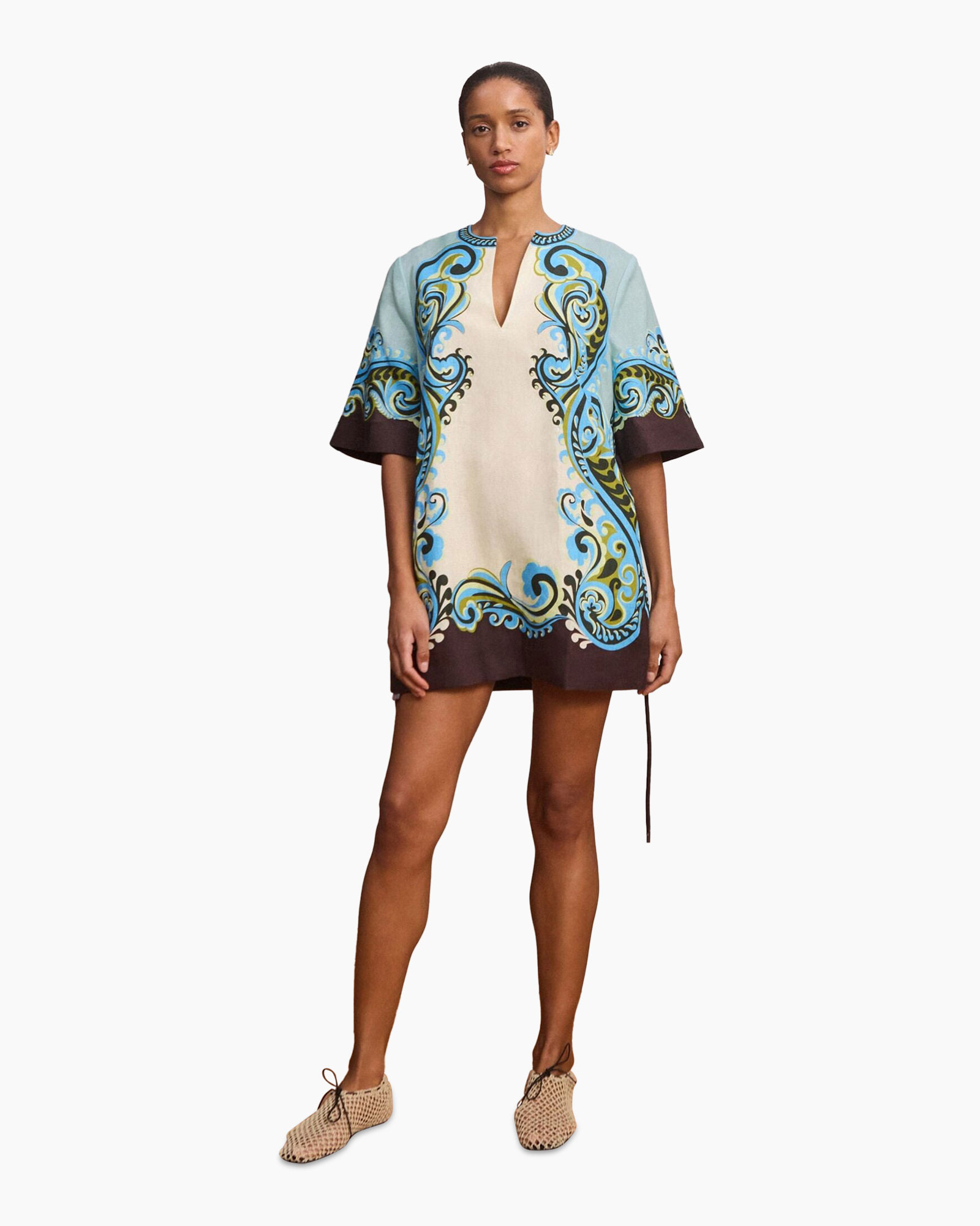 kaftan, jurk, print, silhouet, middenlengte