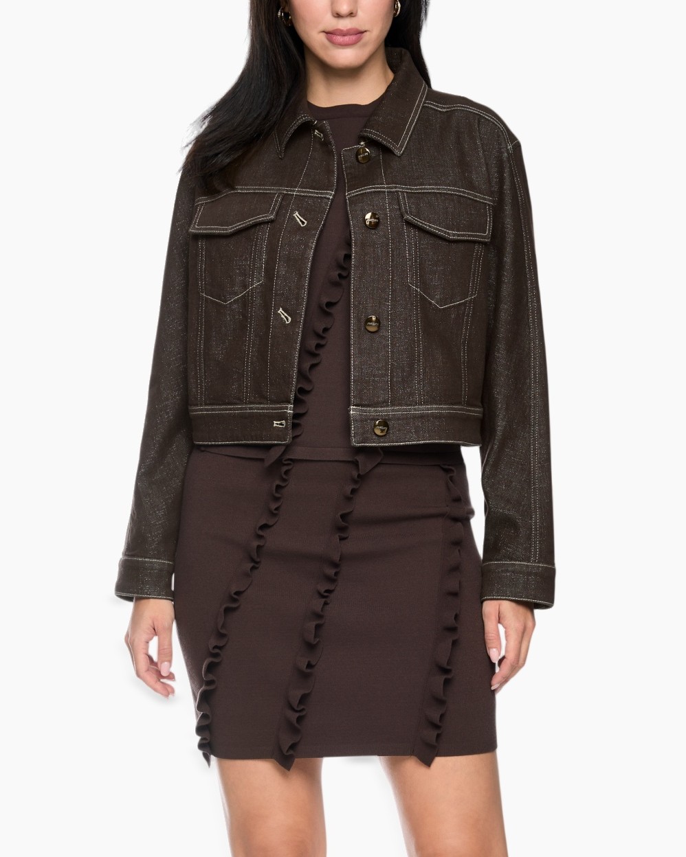 denim, jacket, bruin, lange mouw, mini-jurk
