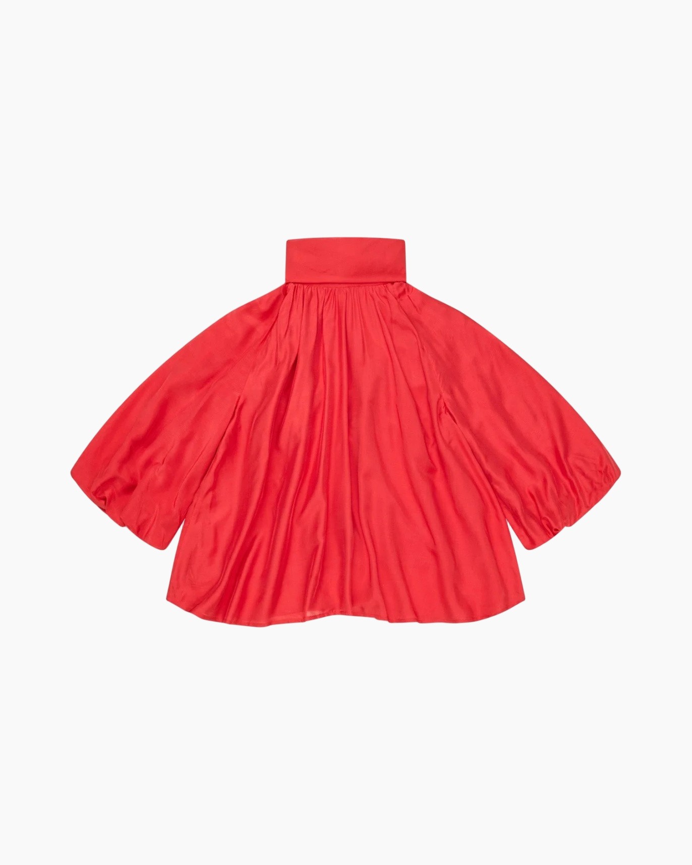 rode blouse, hoge hals, vleermuismouwen, gerimpelde stof