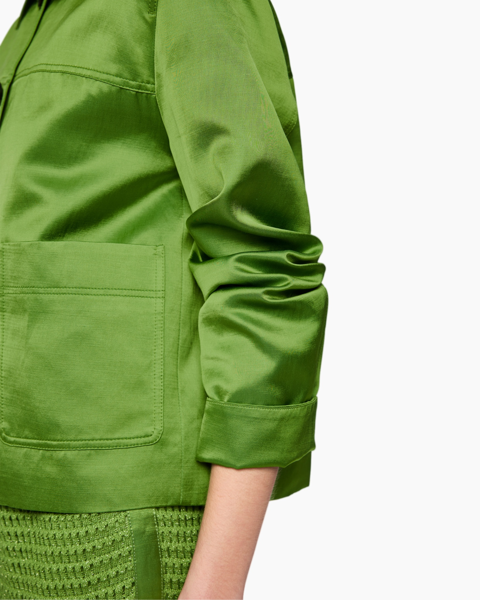 green, jacket, pocket, sleeve, silky fabric