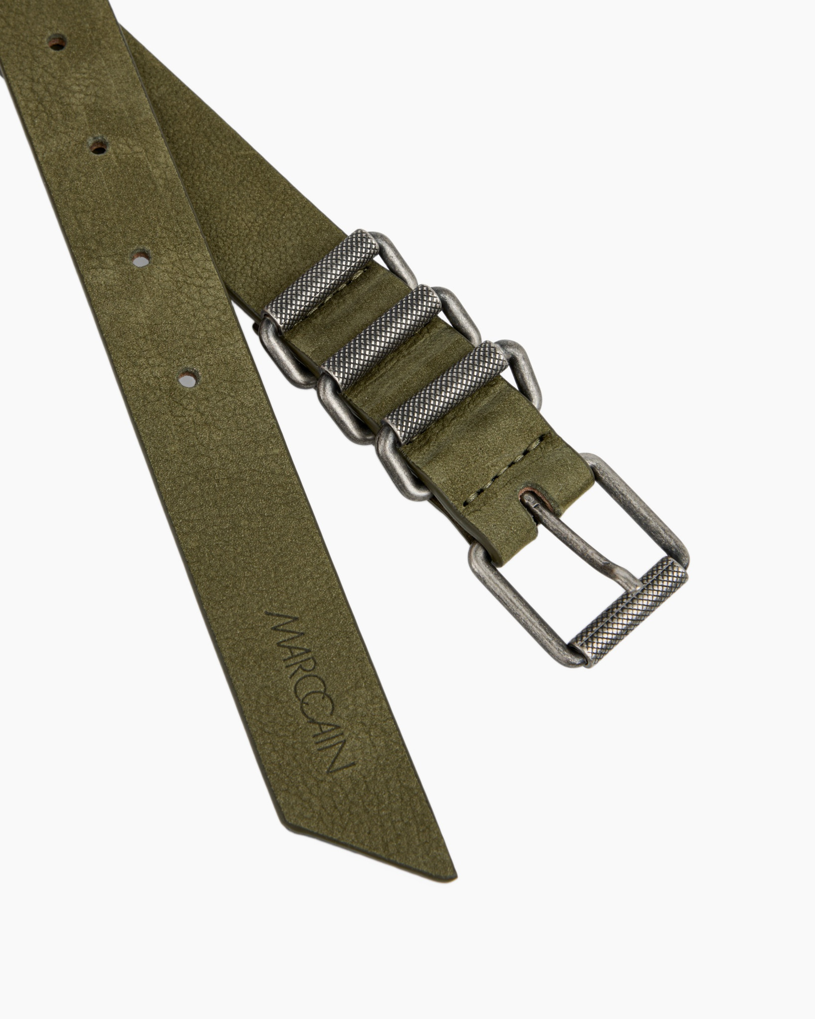 belt, olive green, leather, double prong buckle, adjustable