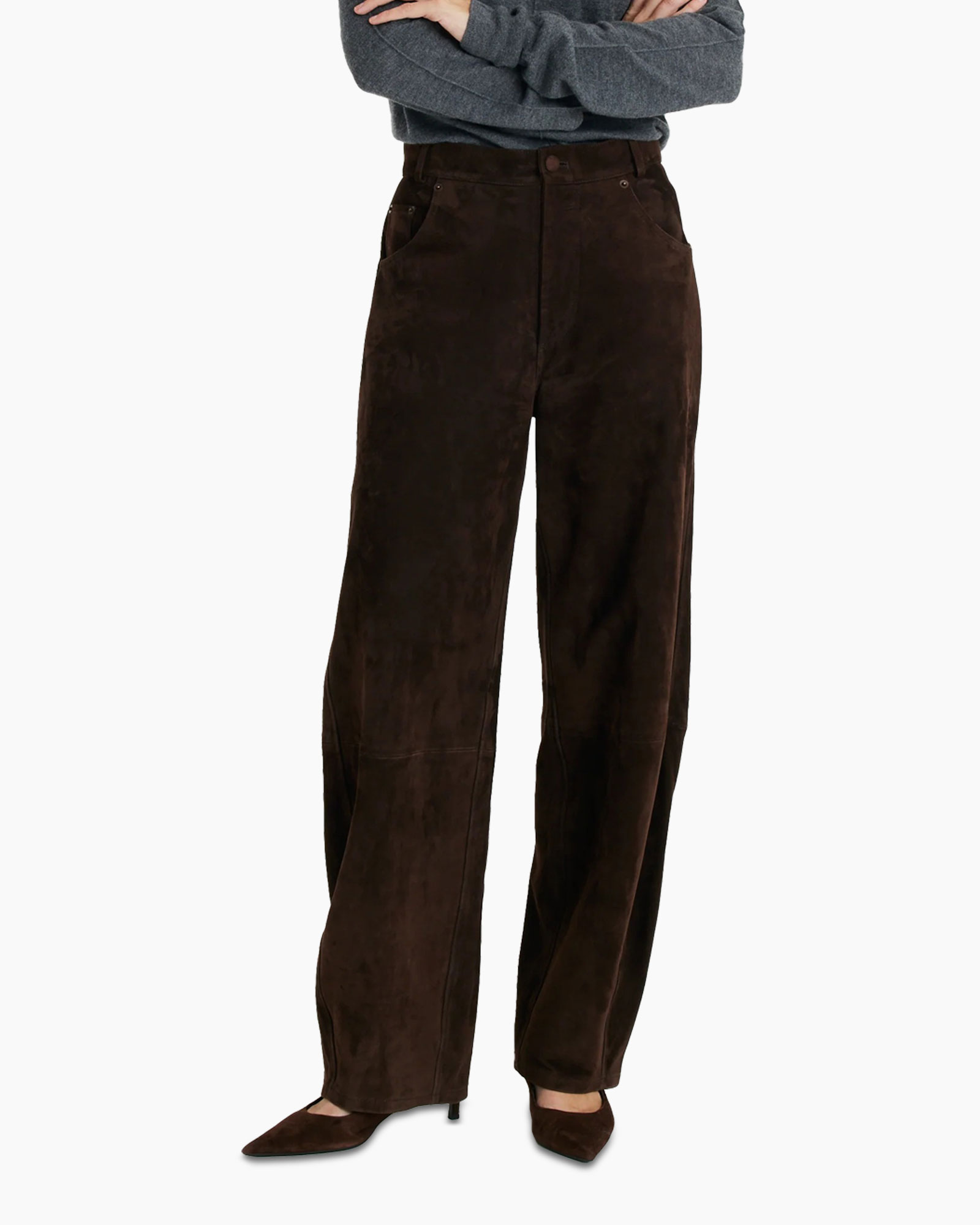 broek, bruin, corduroy, wijdeling, hoog taille