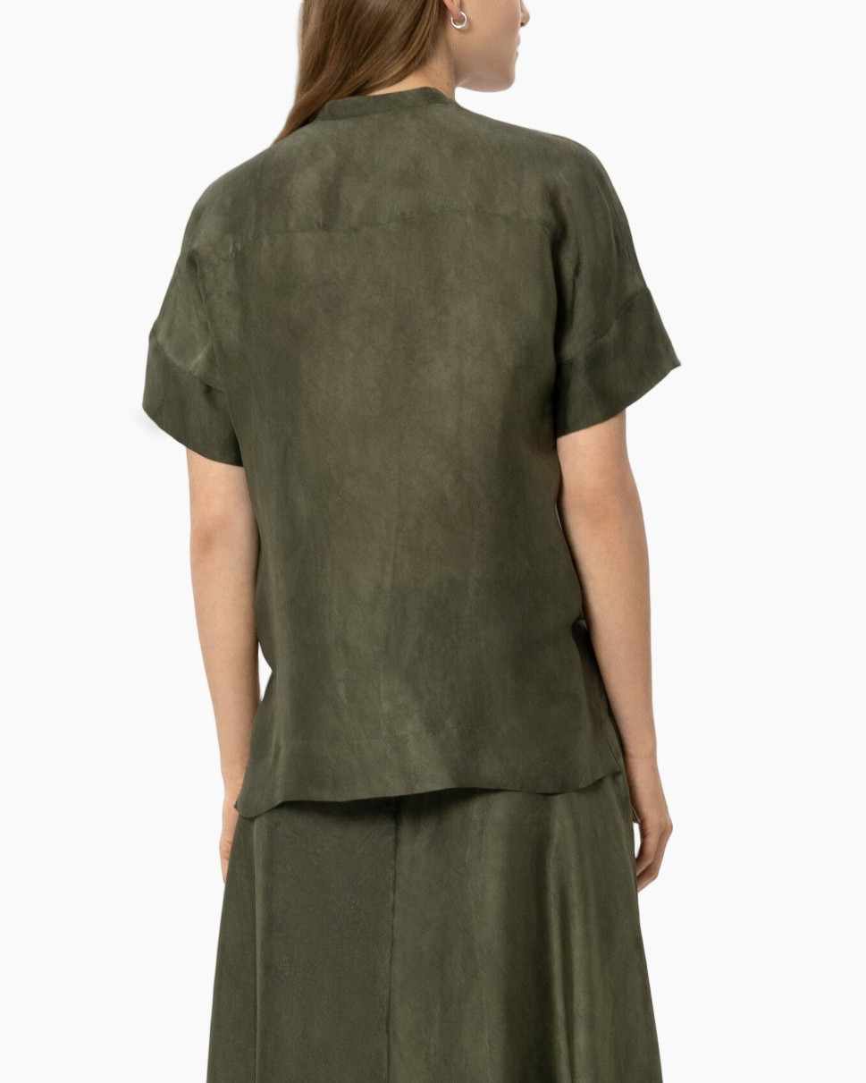 top, kortmouwig, olijfgroen, linnen-achtig, hemdjurk