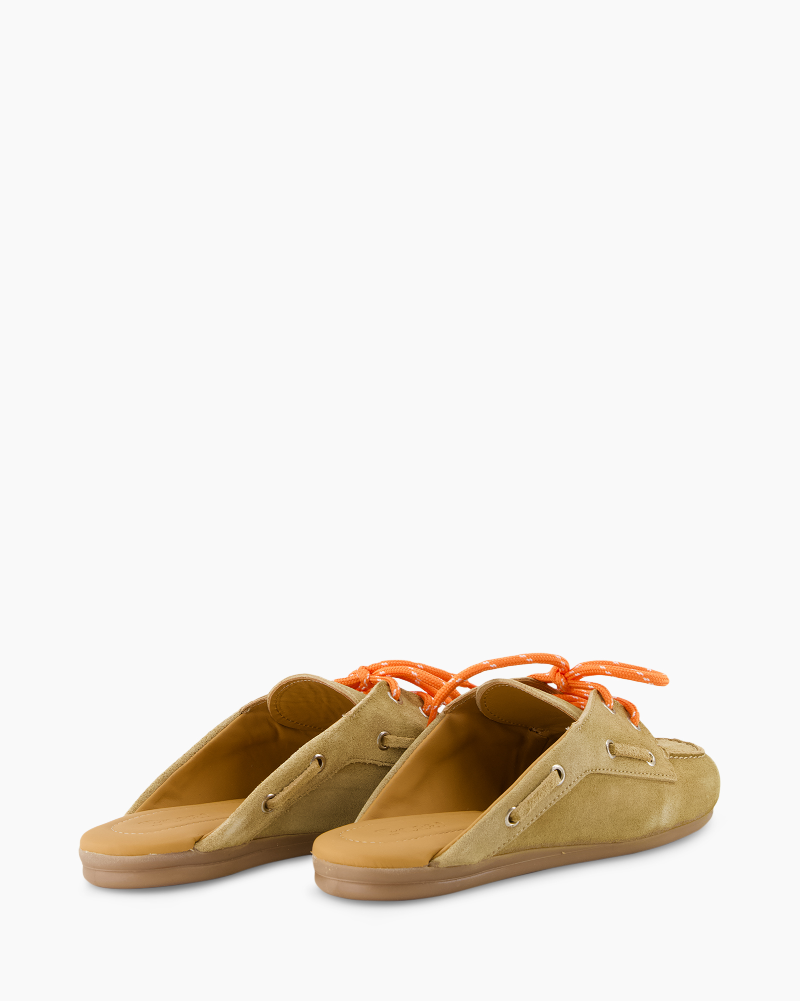 pantoffels, moccassin, suede, bruin, oranje veters