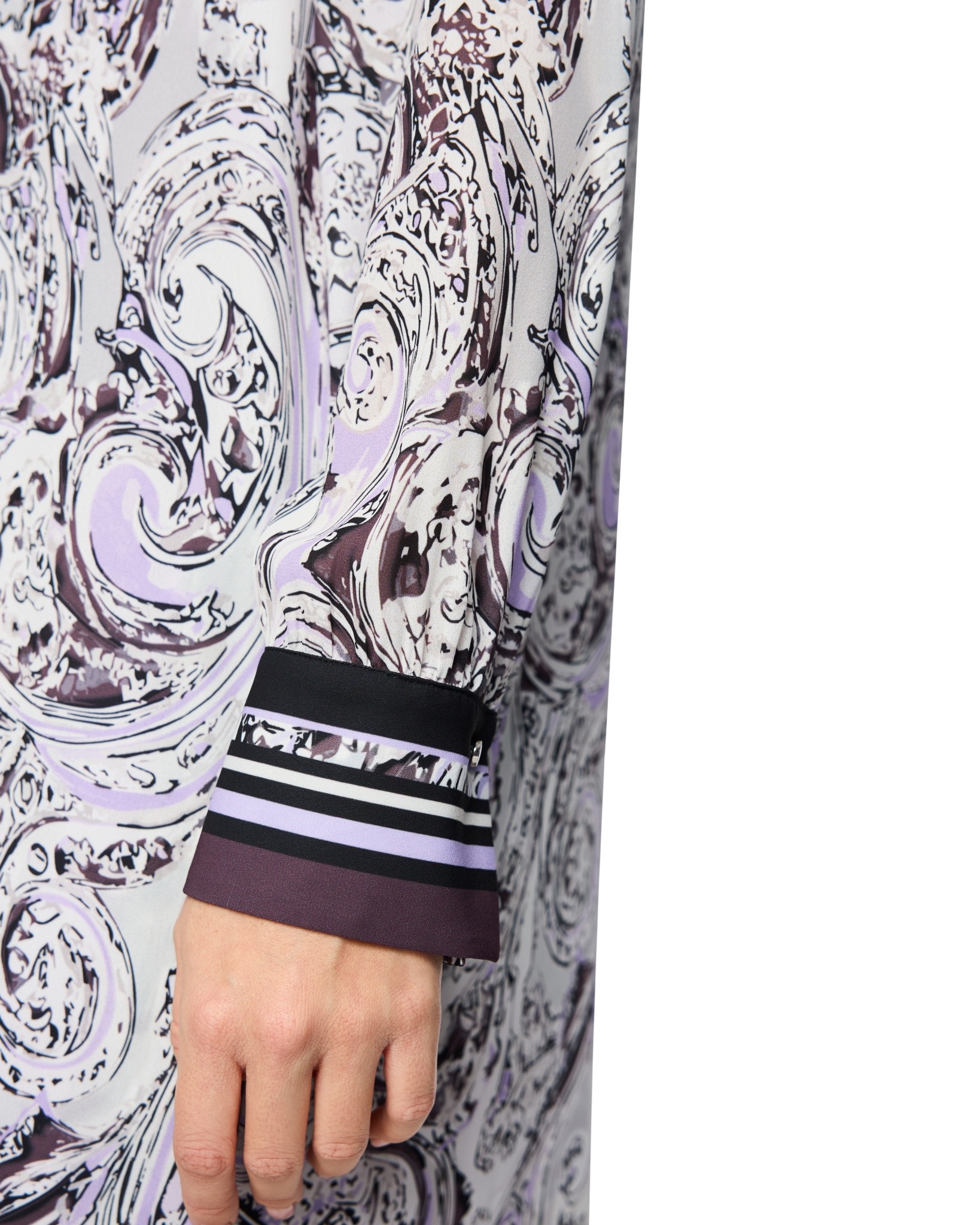 mouwlengte, paars, paisley, manchet-streep, jurk