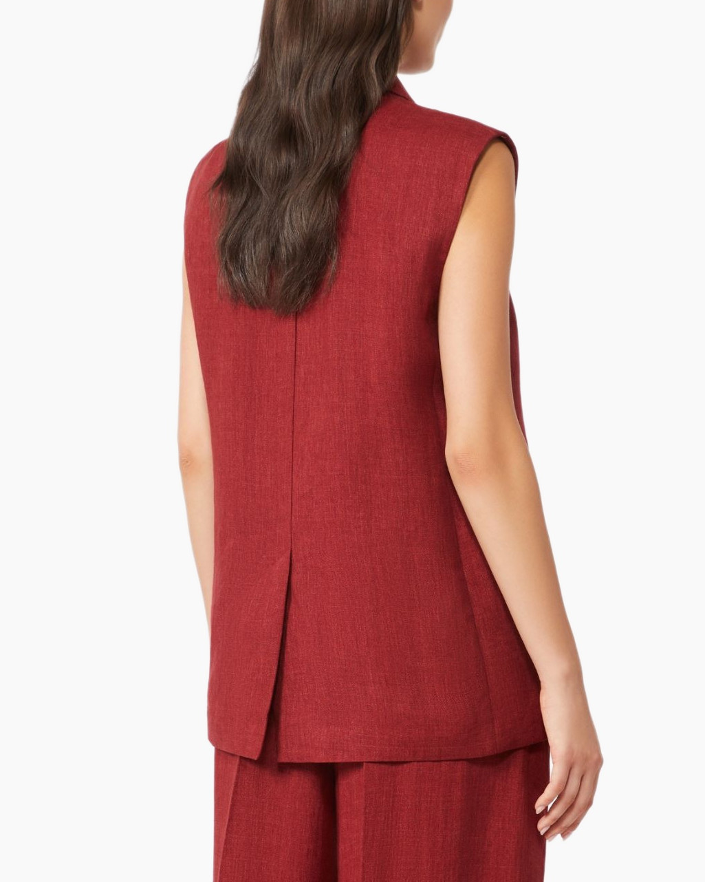 vest, double-breasted, sleeveless, red, linen-like fabric