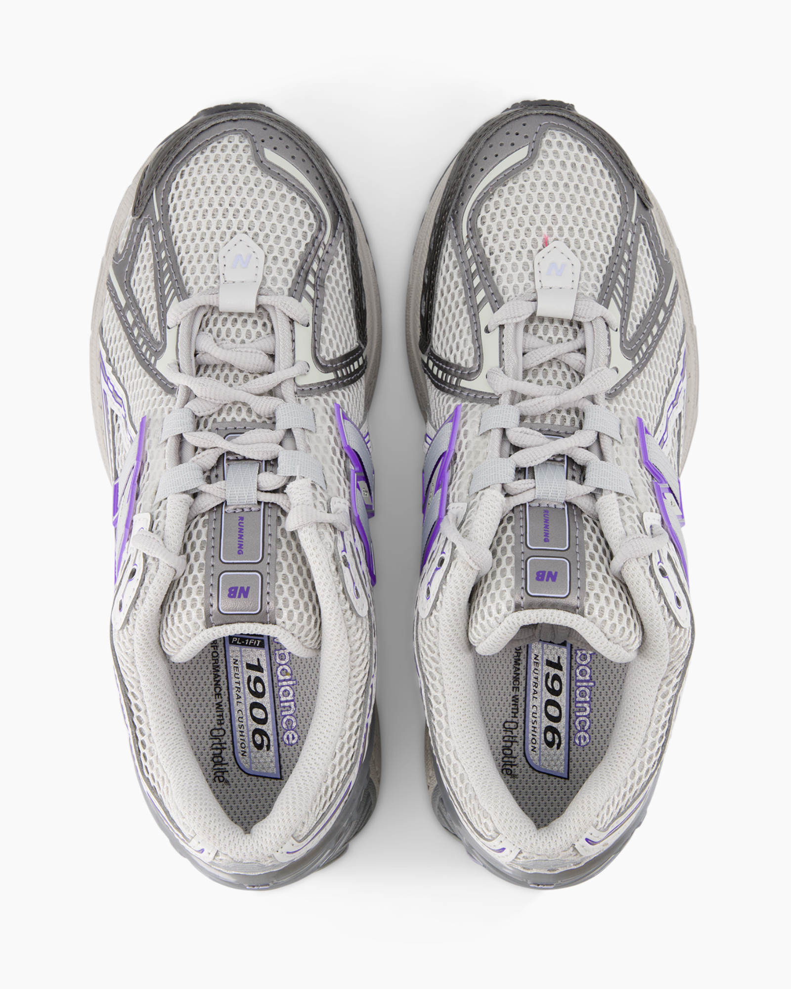 running shoes, mesh, grey, purple accents, sneaker
