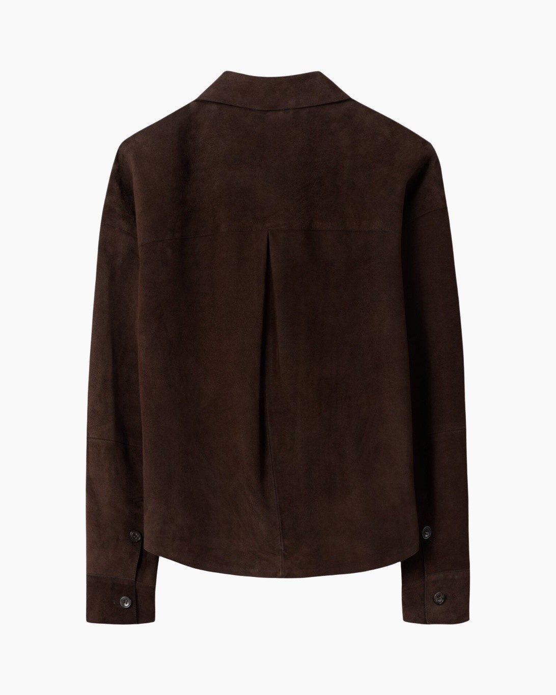 bruin, suede, blouse, rugplooien, lange mouw