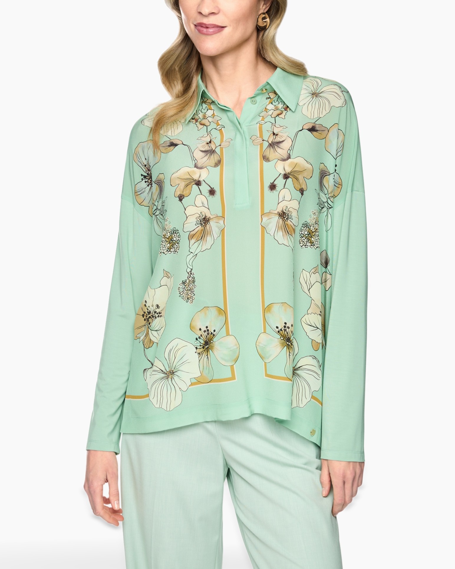 blouse, bloemen, mintgroen, ringenkraag, lange mouwen