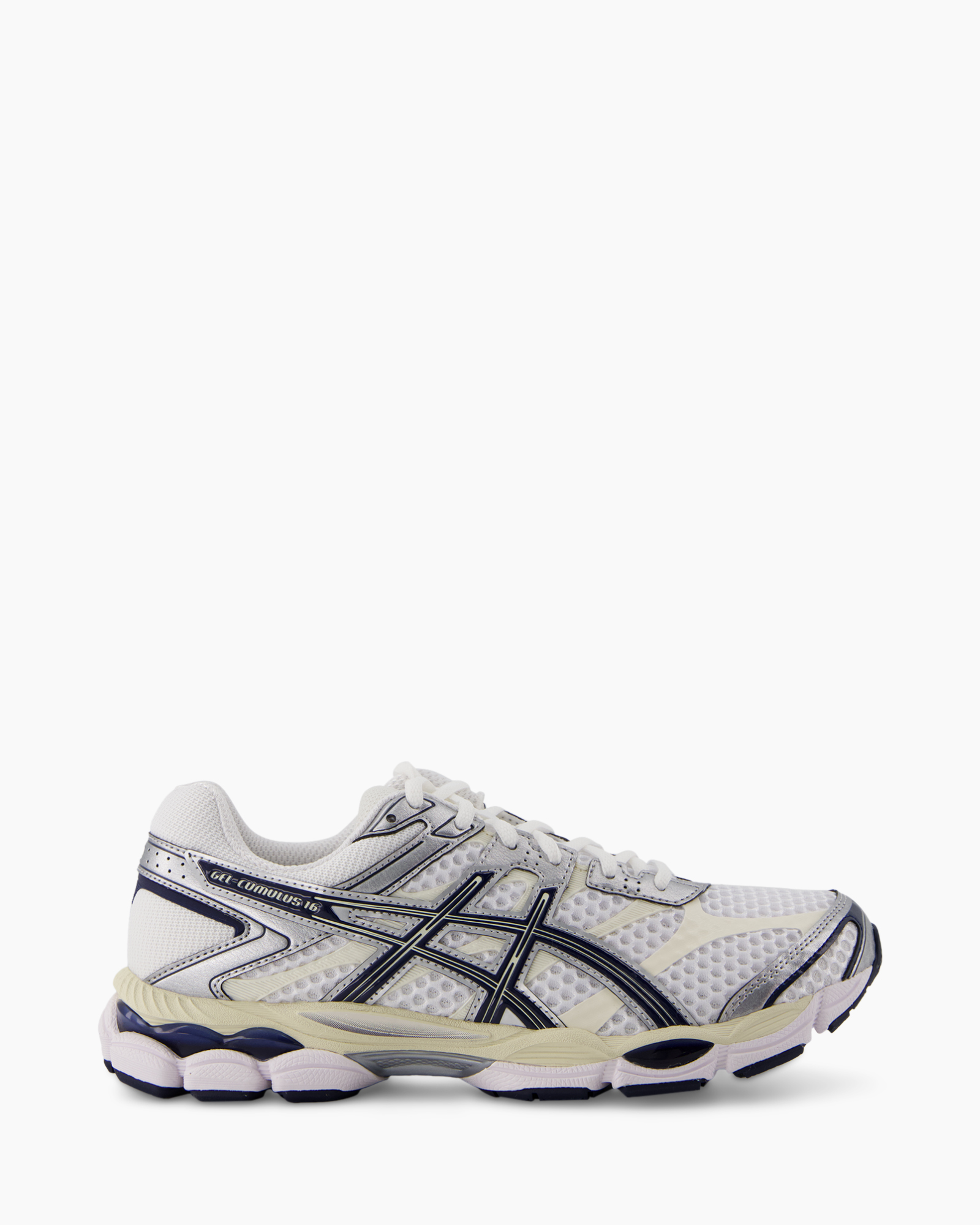 hardloopschoen, mesh bovenwerk, wit, blauwe accenten, athletische sneaker