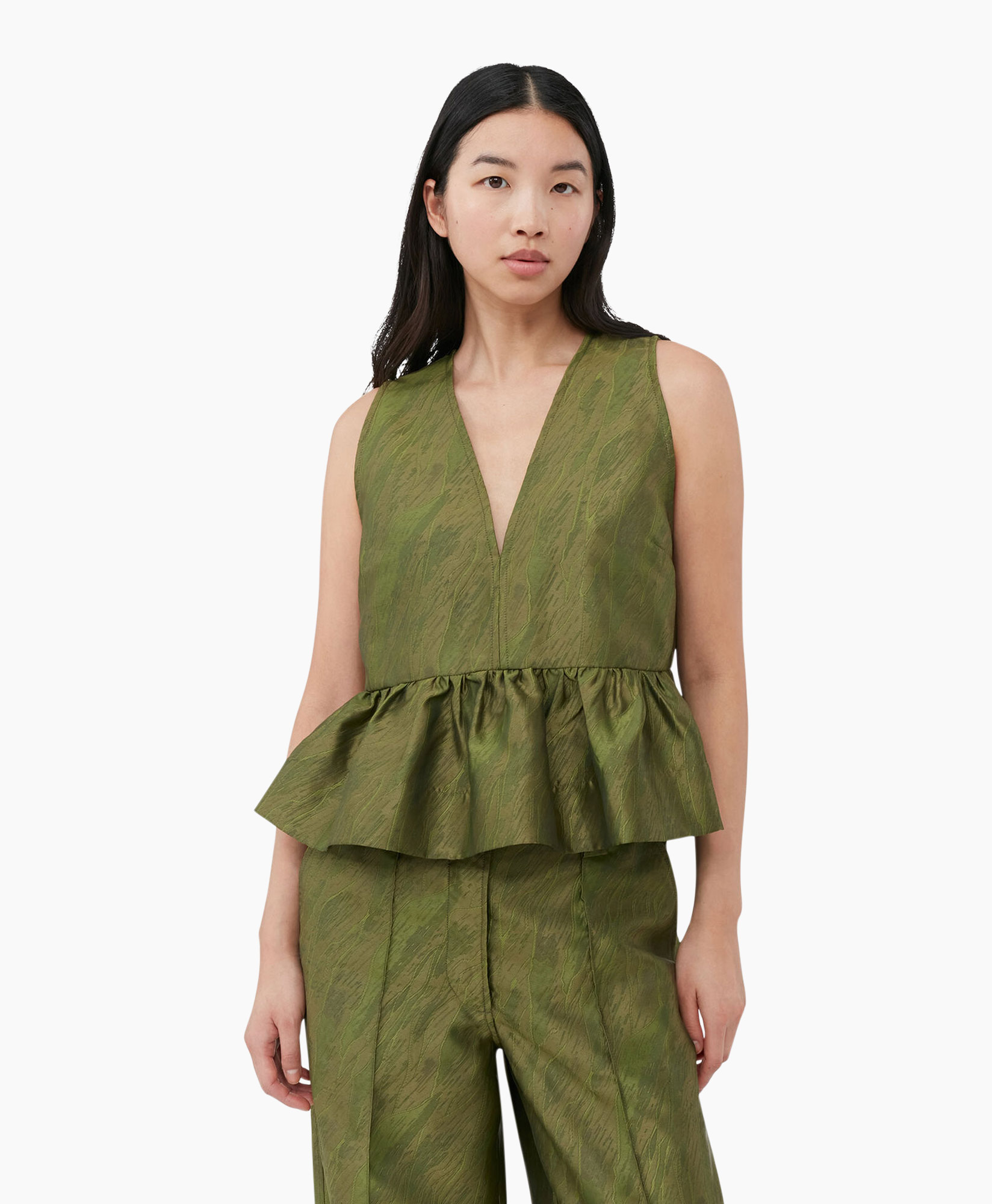 Top Shiny Jacquard Peplum Groen