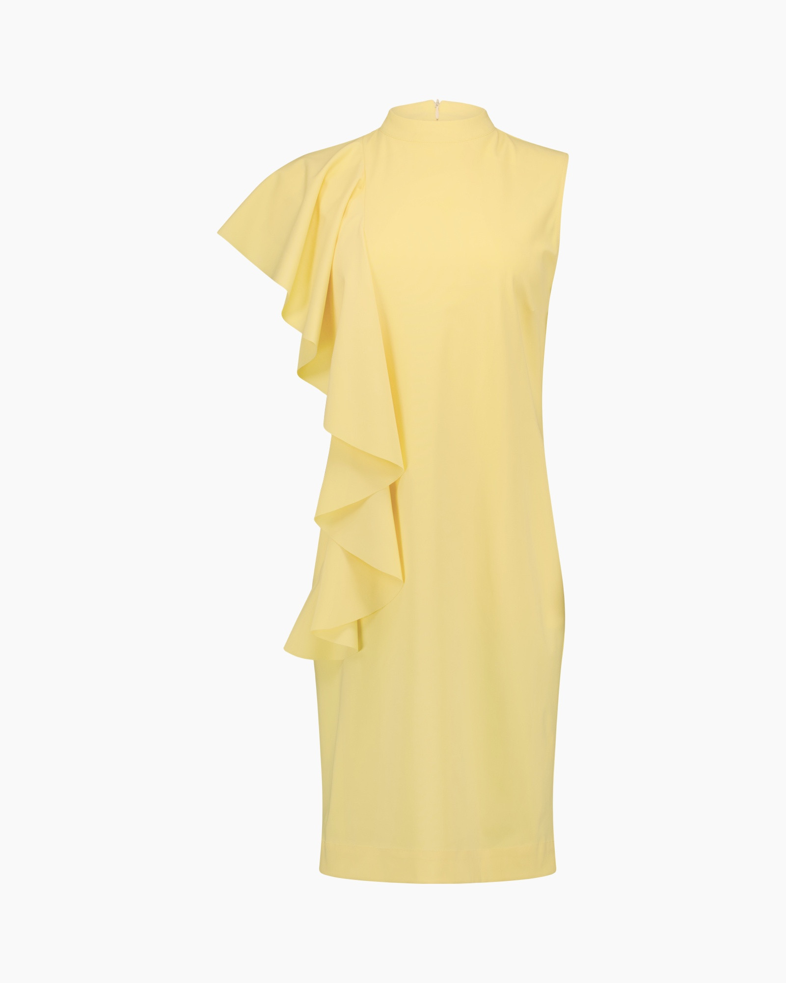 yellow, dress, one-shoulder, ruffle, mid-length