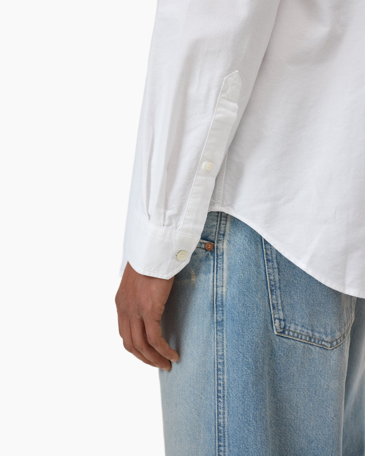 white shirt, long sleeve, button cuff, cotton, jeans, back pocket, denim