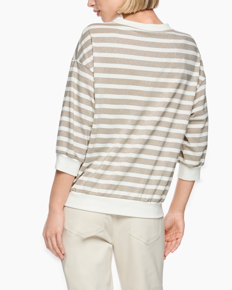 gestreepte trui, lange mouwen, rond hals, beige-wit, losvallend fit