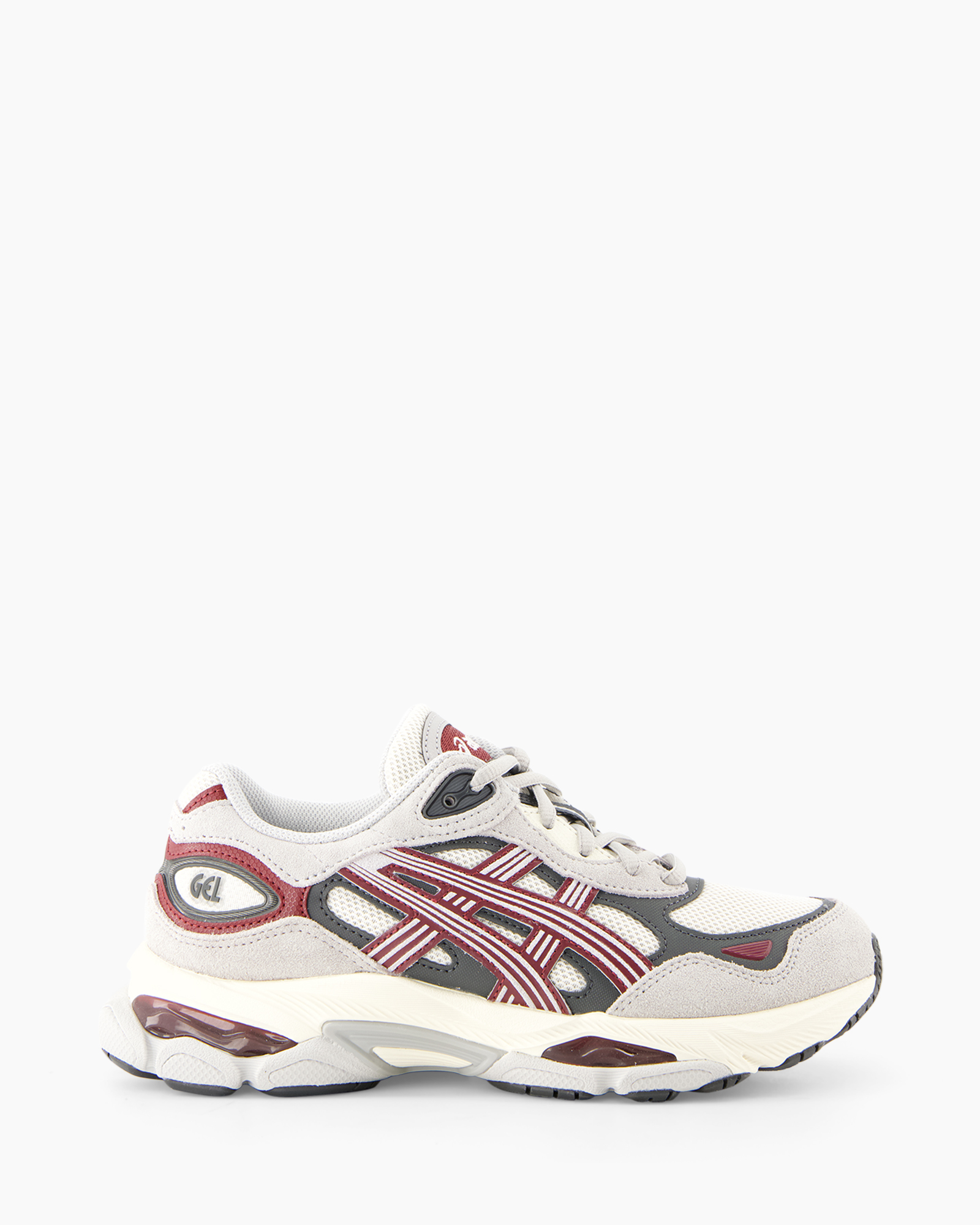 neaker, hardloopschoen, mesh, grijs, maroon accenten