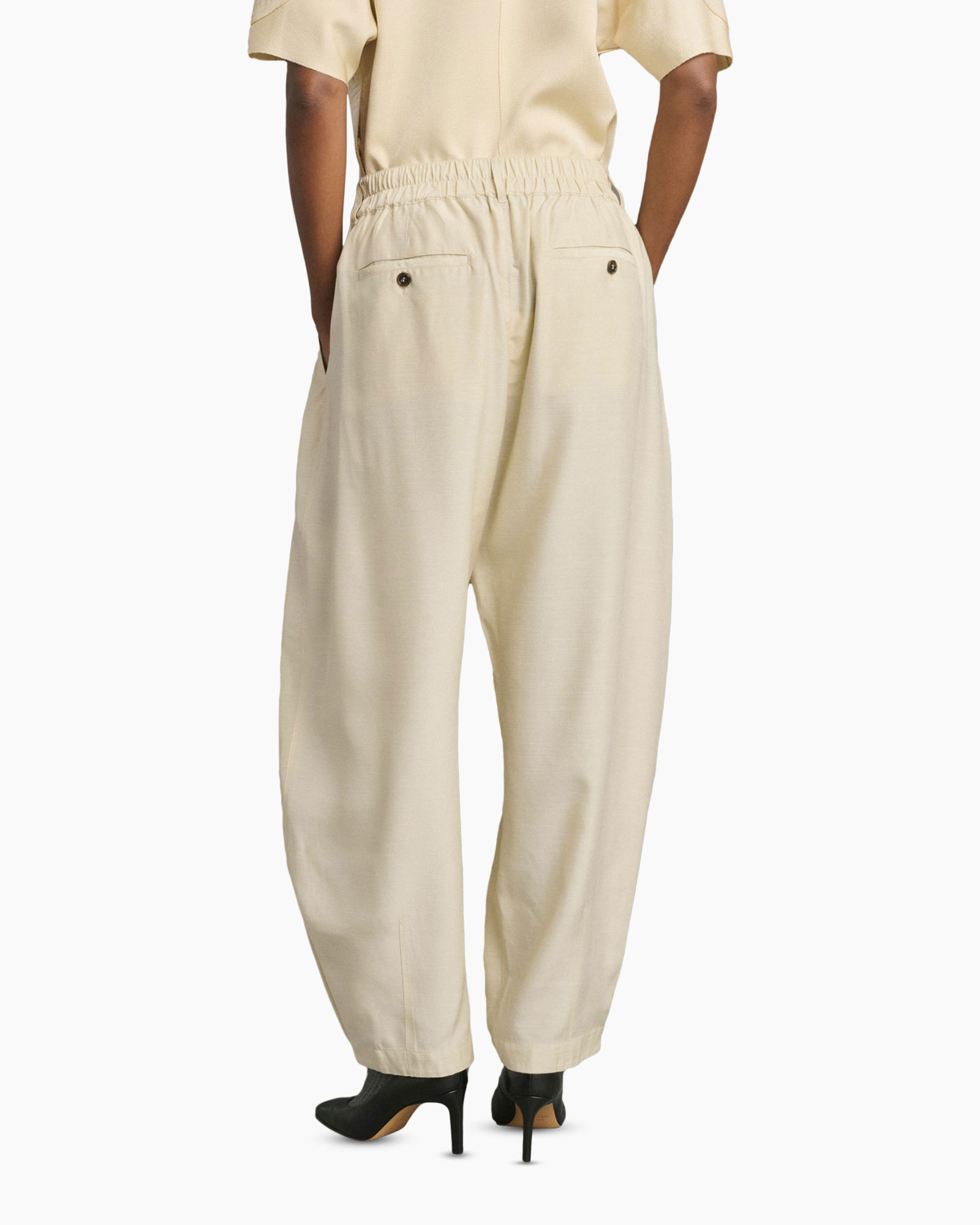 broek, beige, elastische-taille, plooien, losse-fit