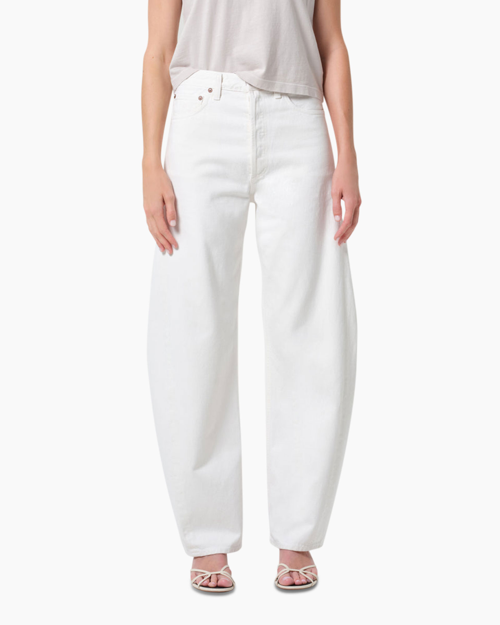 witte jeans, wijd uitlopende pasvorm, hoge taille, katoen, enkellengte