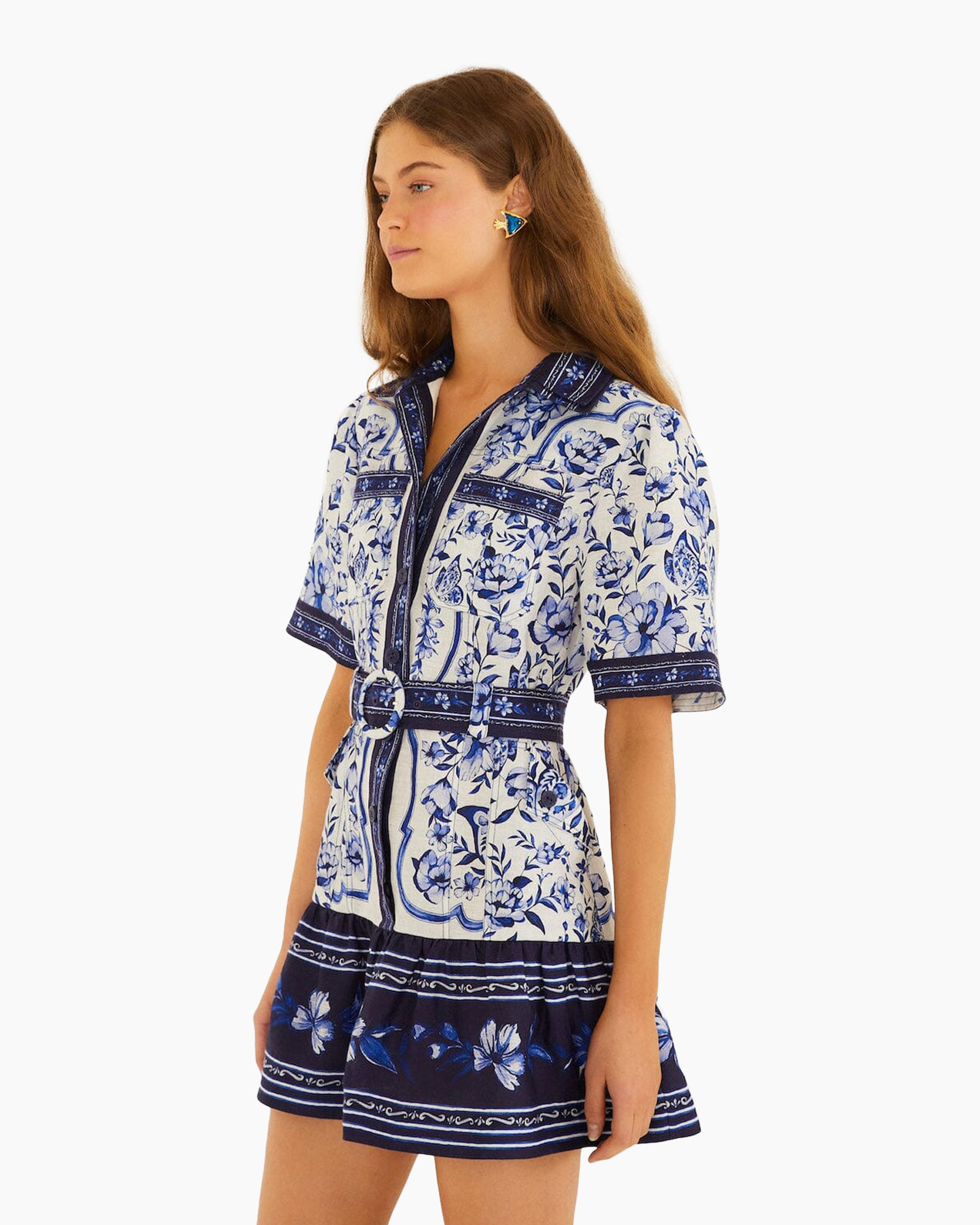 jurk, korte mouwen, blauw-wit, floraal, riem