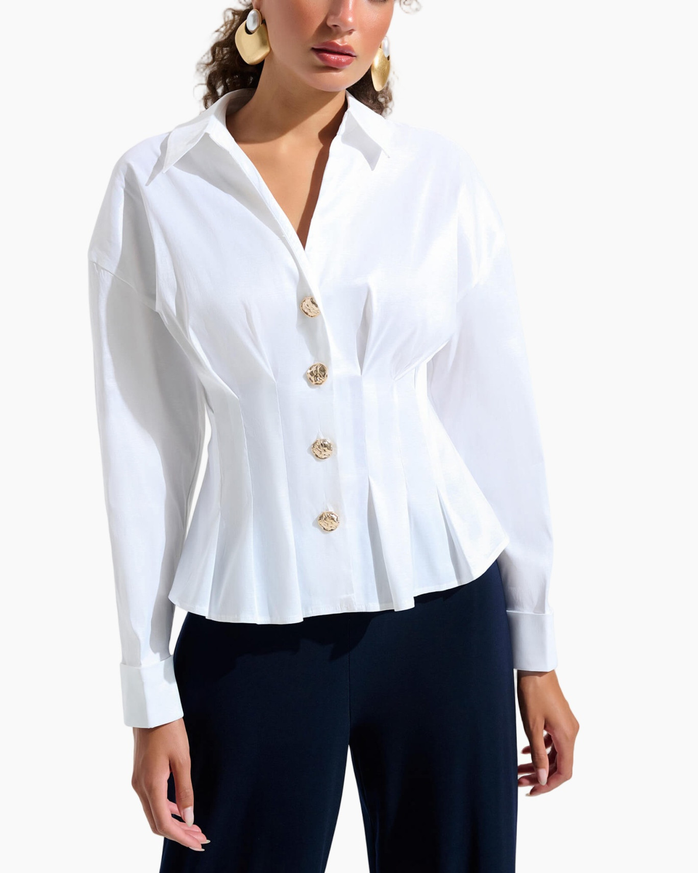 white blouse, button-front, collared, pleated, long sleeve
