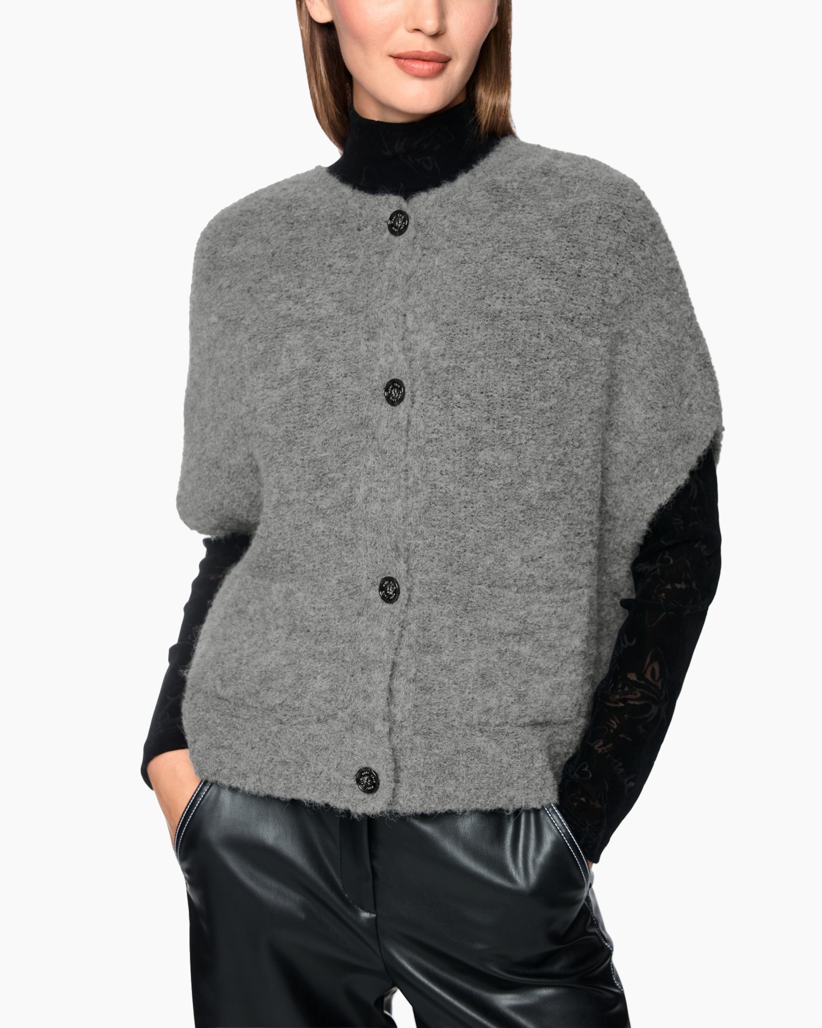 grijze cardigan, brei-vest, knopen voorzijde, oversized, textured stof