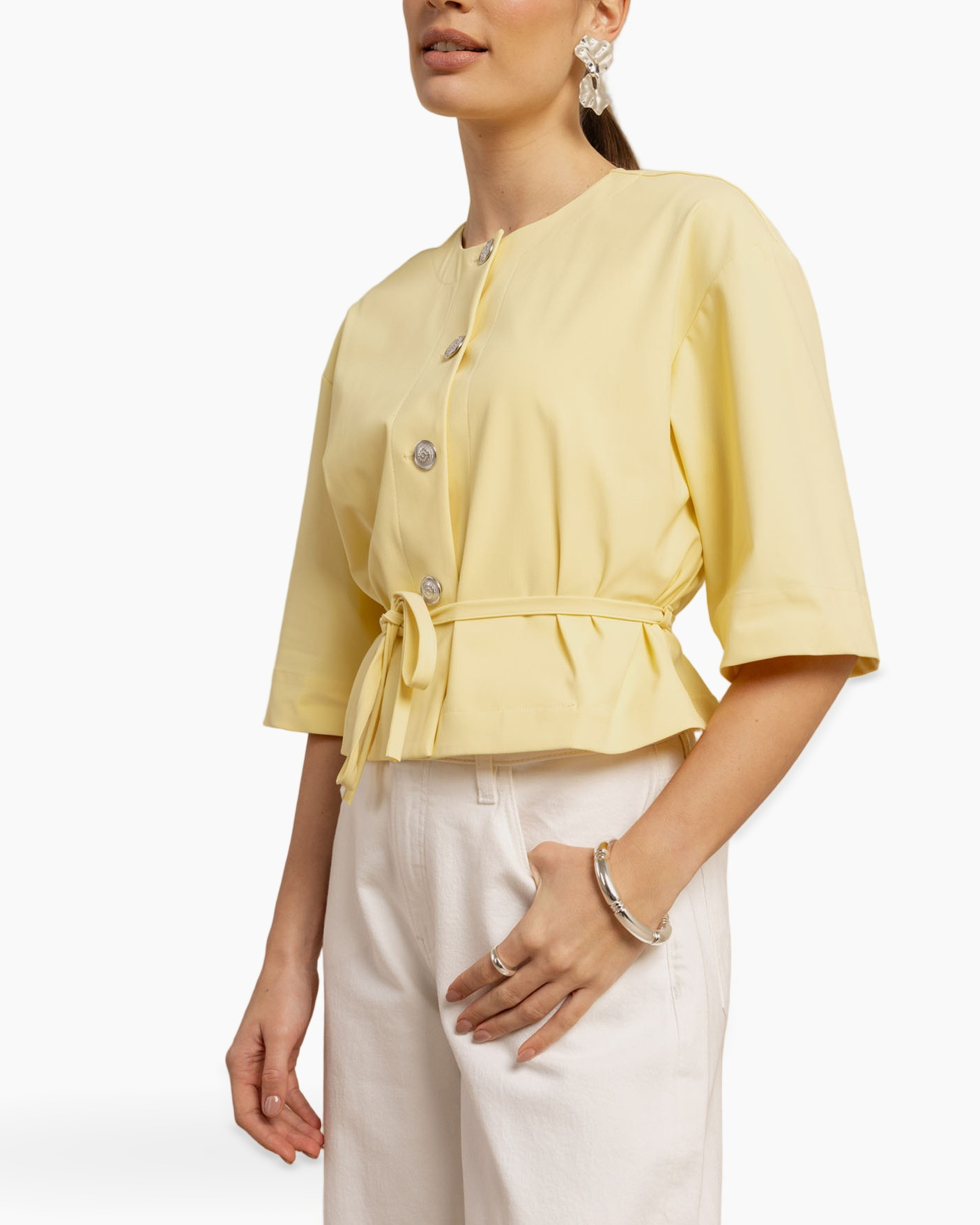 top, korte mouw, wrap, riem, geel