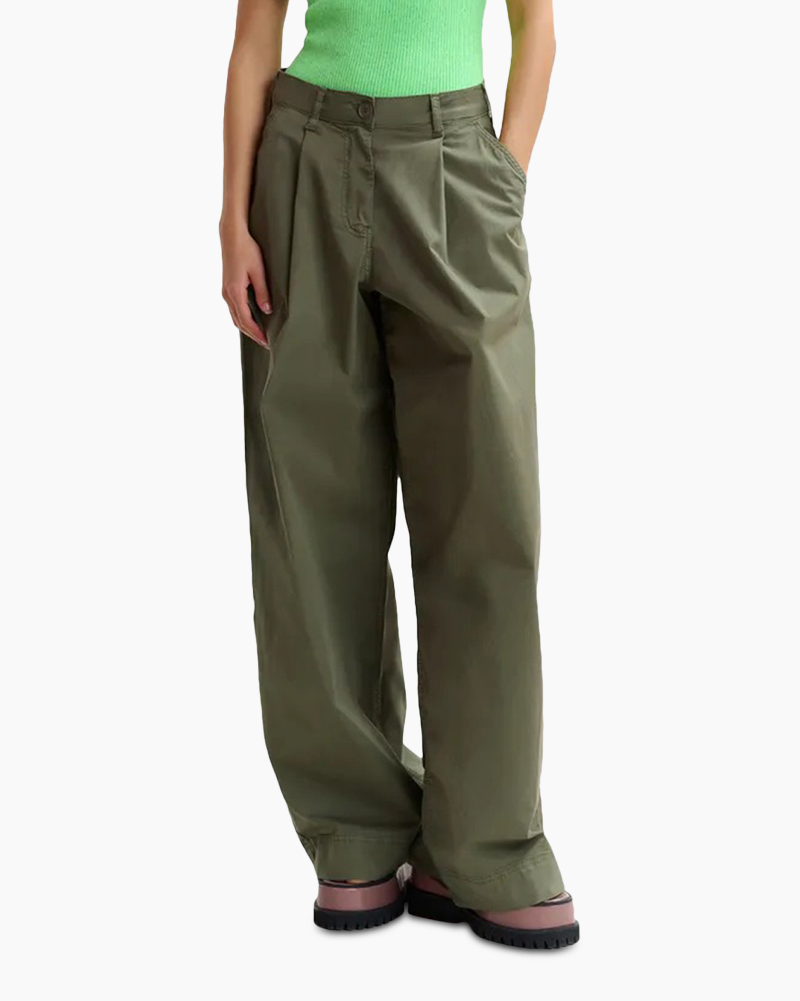 broek, olijfgroen, wijd-uit, cargo, omgeslagen-zoom