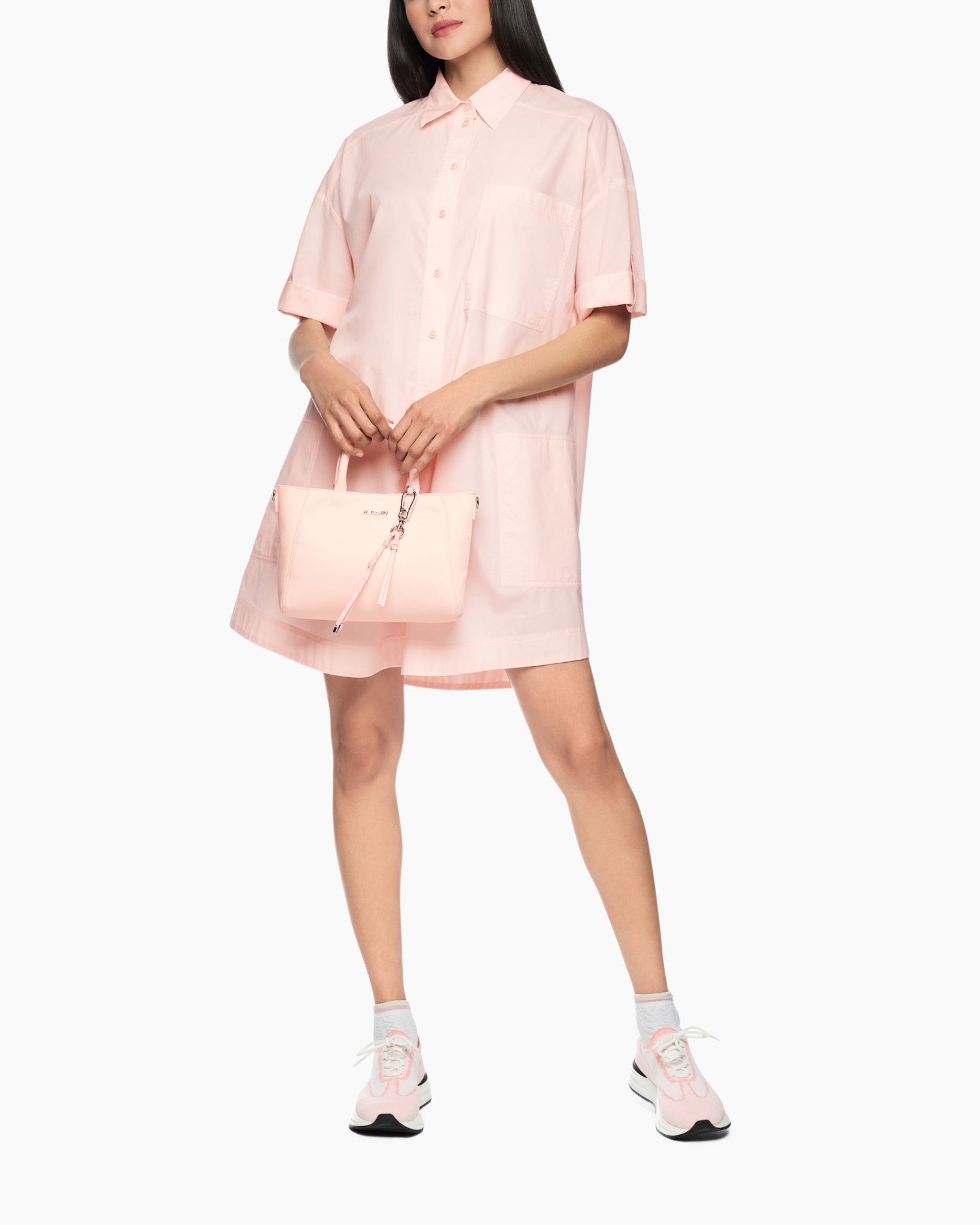 pink, shirt dress, short sleeve, pockets, handbag
