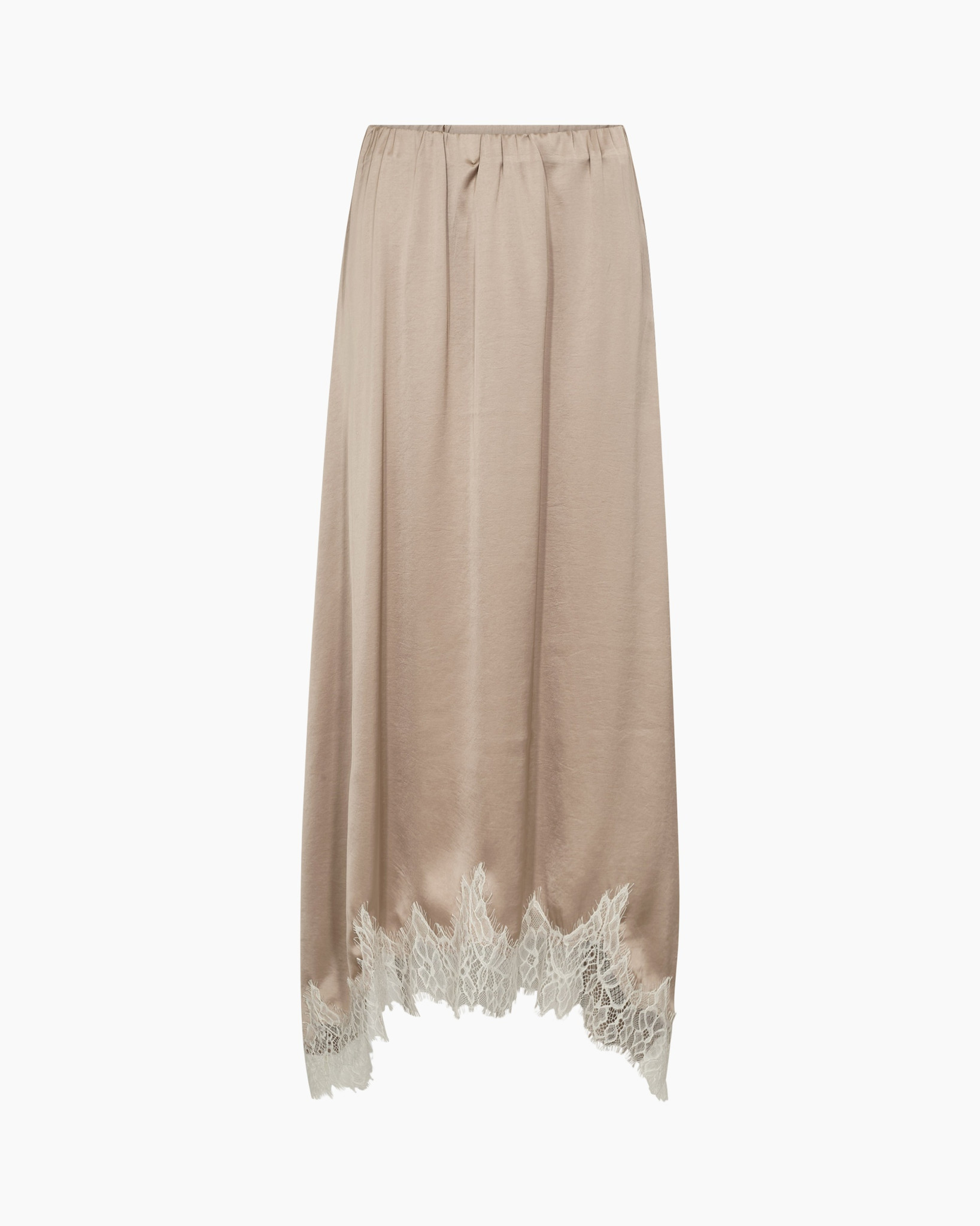 maxi skirt, lace trim, beige, elastic waist, long skirt