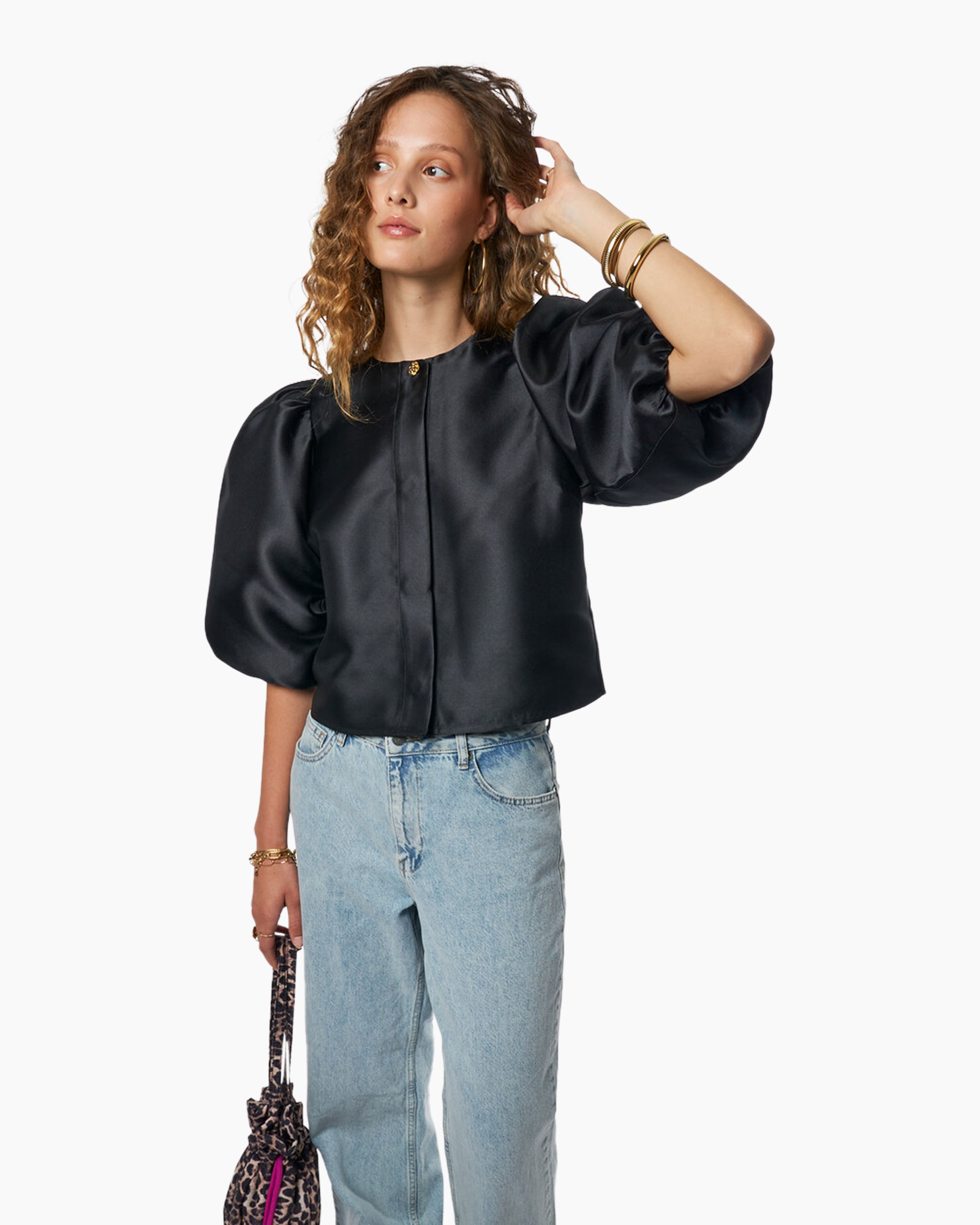 Top With Puff Sleeves In Animal Jac Zwart