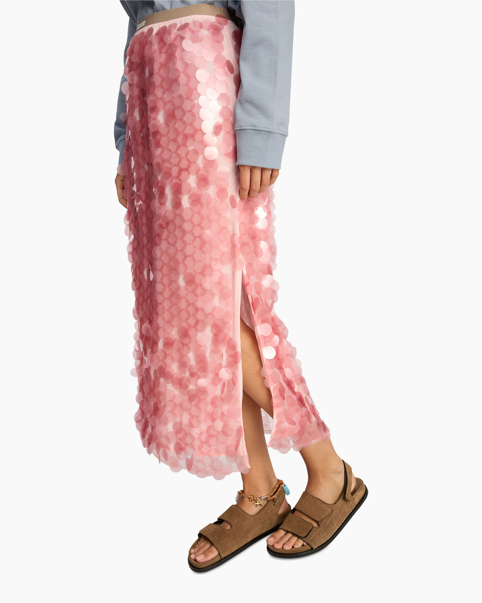 pink skirt, sequined, slit, long skirt, sandals