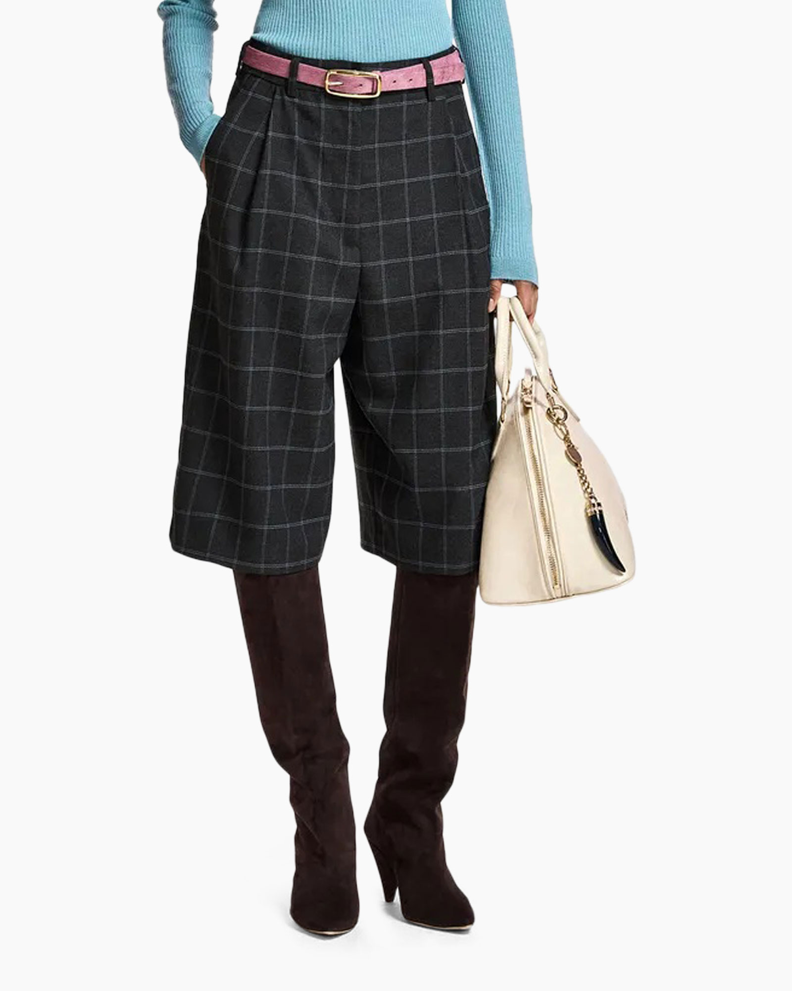 rok, ruitjespatroon, knee-length, laarzen, handtas