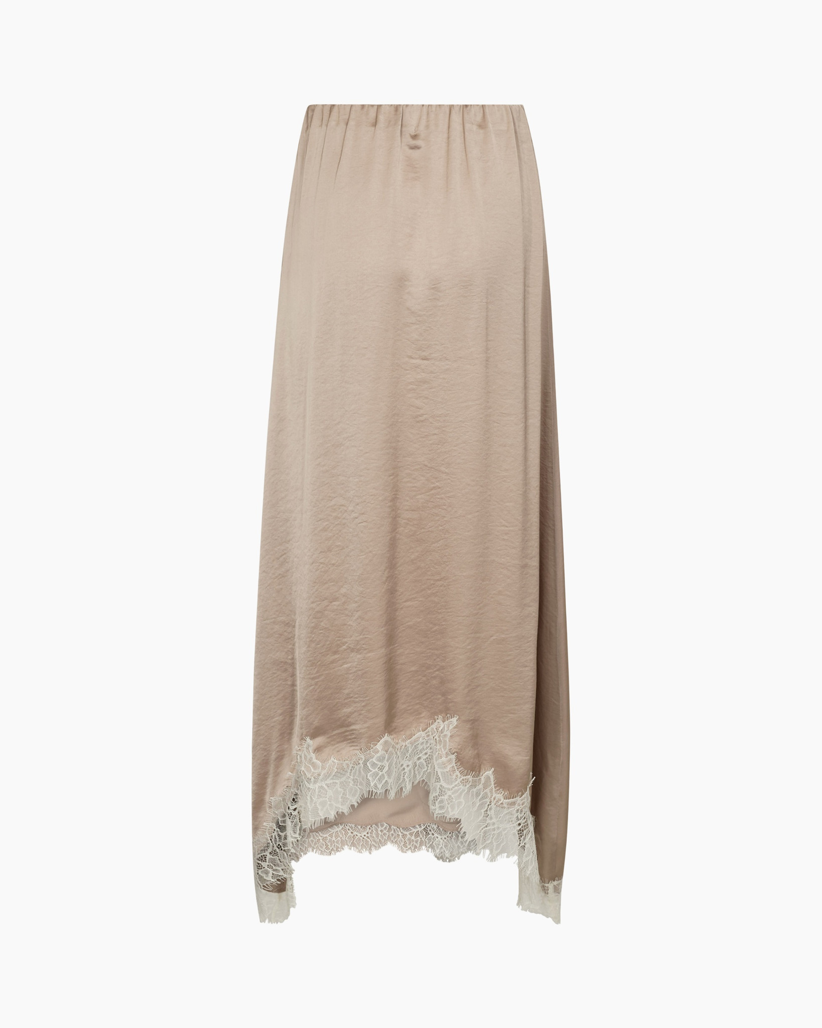 maxi skirt, lace trim, beige, elastic waist, long skirt