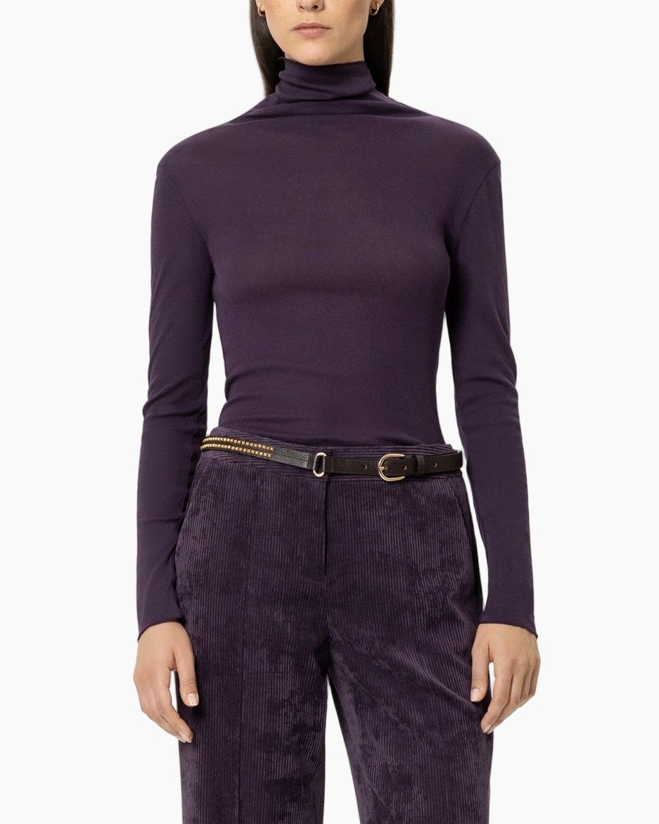 turtleneck, lange mouw, paars, velvet, riem broek