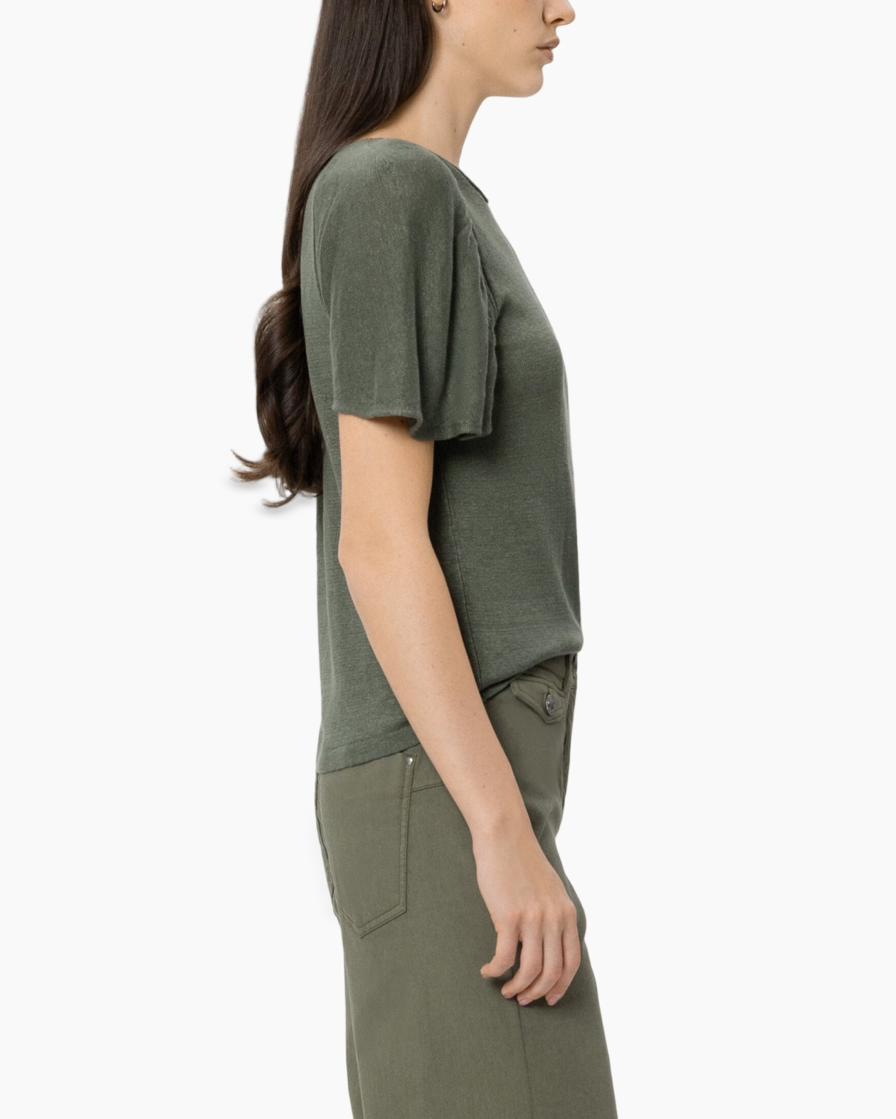 t-shirt, korte mouwen, olijfgroen, brei, casual top