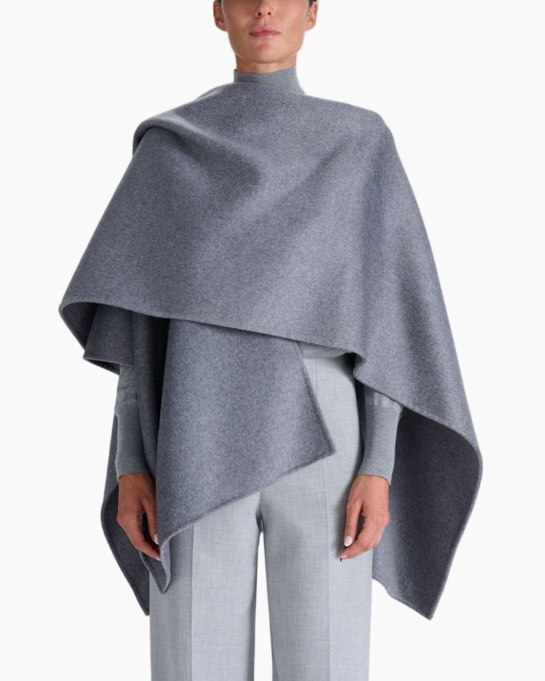 poncho, wolmix, grijs, asymmetrische zoom, gelaagd ontwerp