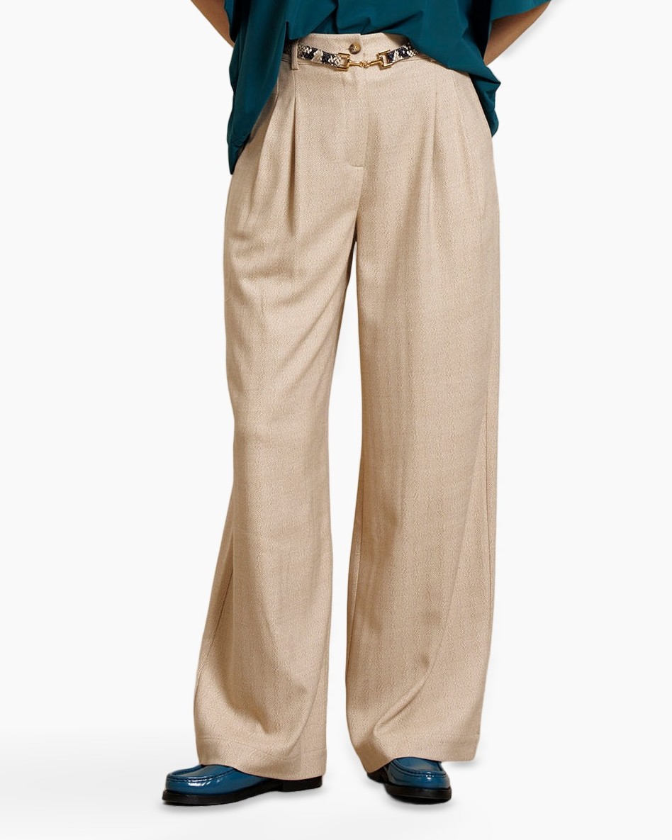 broek met wijde pijpen, beige, broeken, plooiens, riempje met gesp