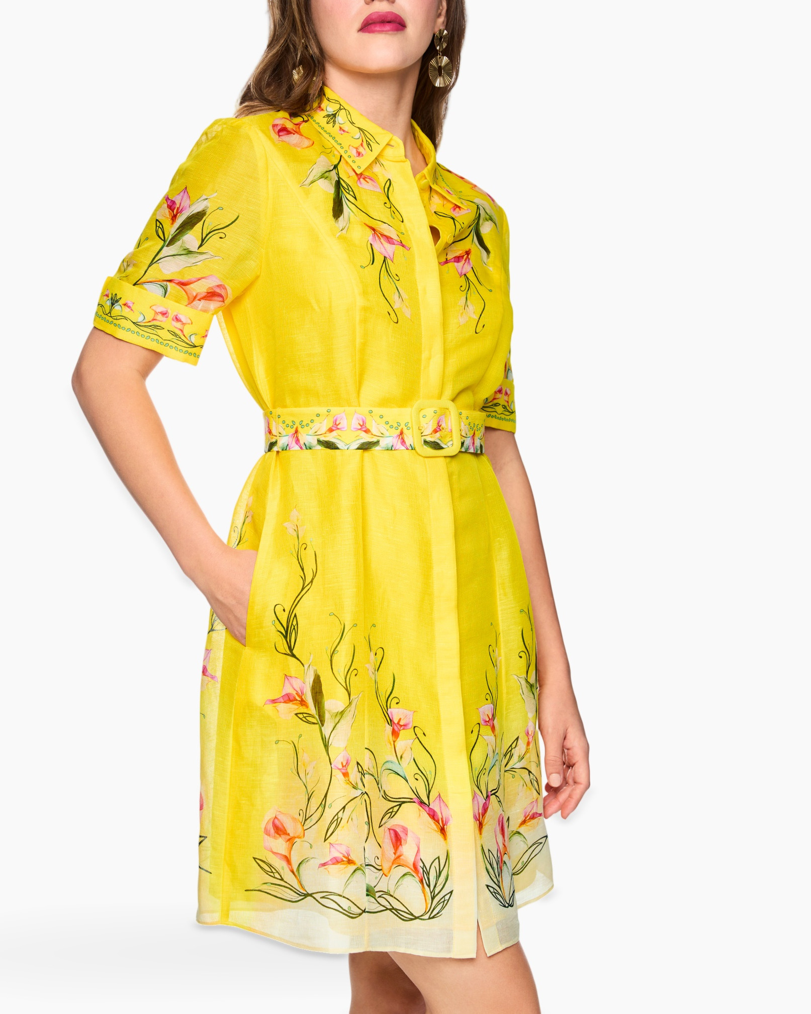 jurk, geel, bloemig, riem, mouwloos