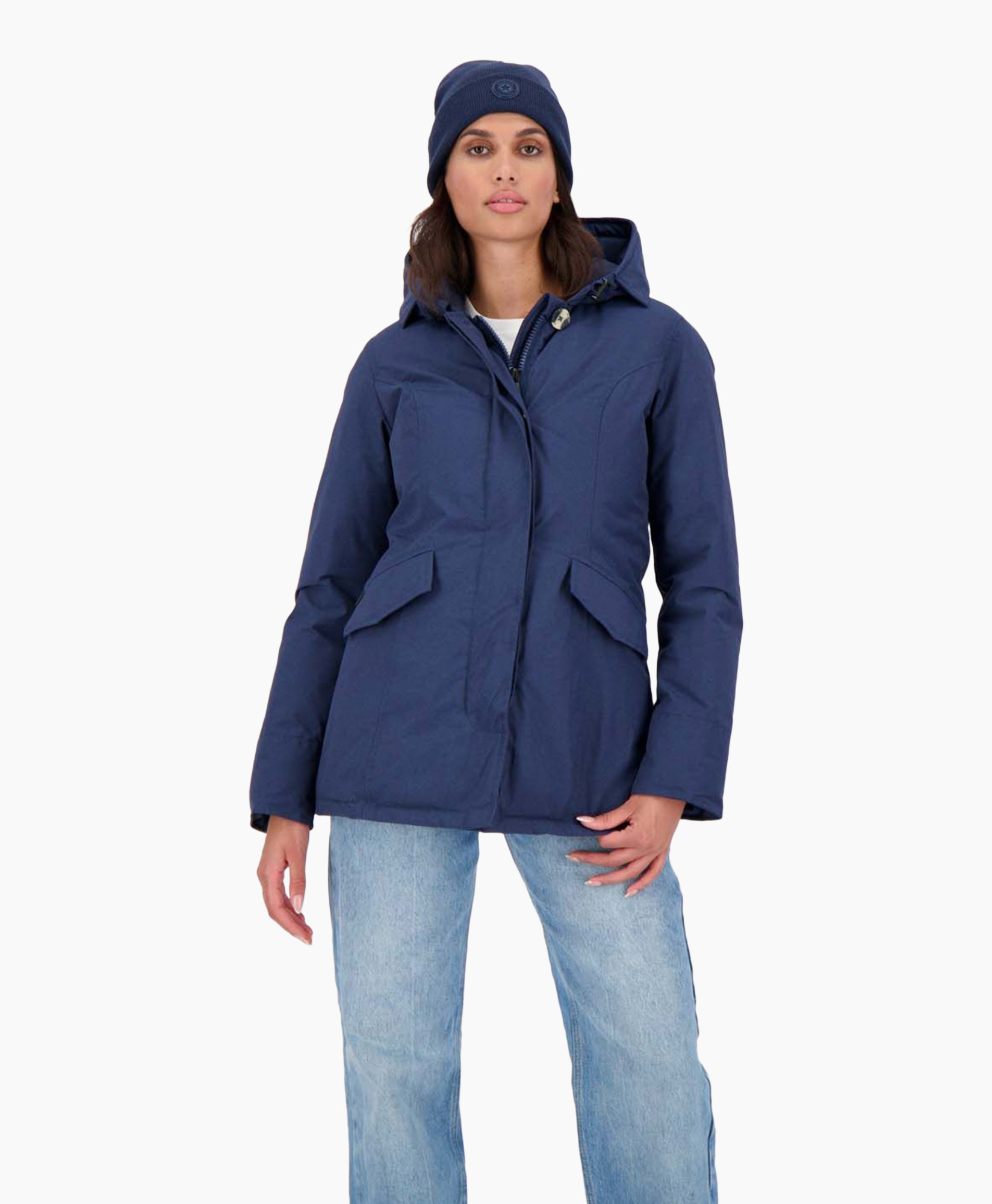 blauwe parka