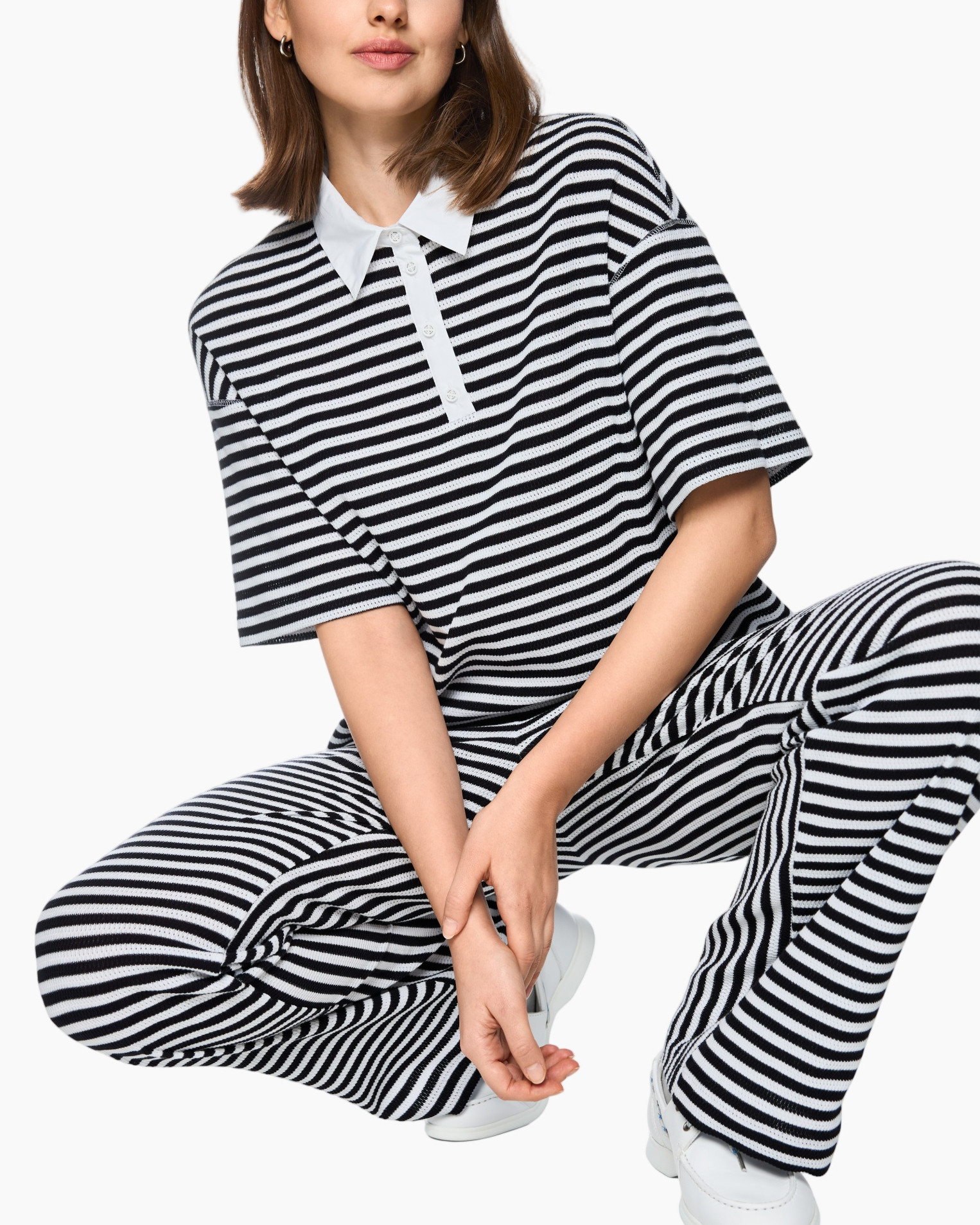 striped shirt, polo shirt, short sleeve, white collar, knit fabric