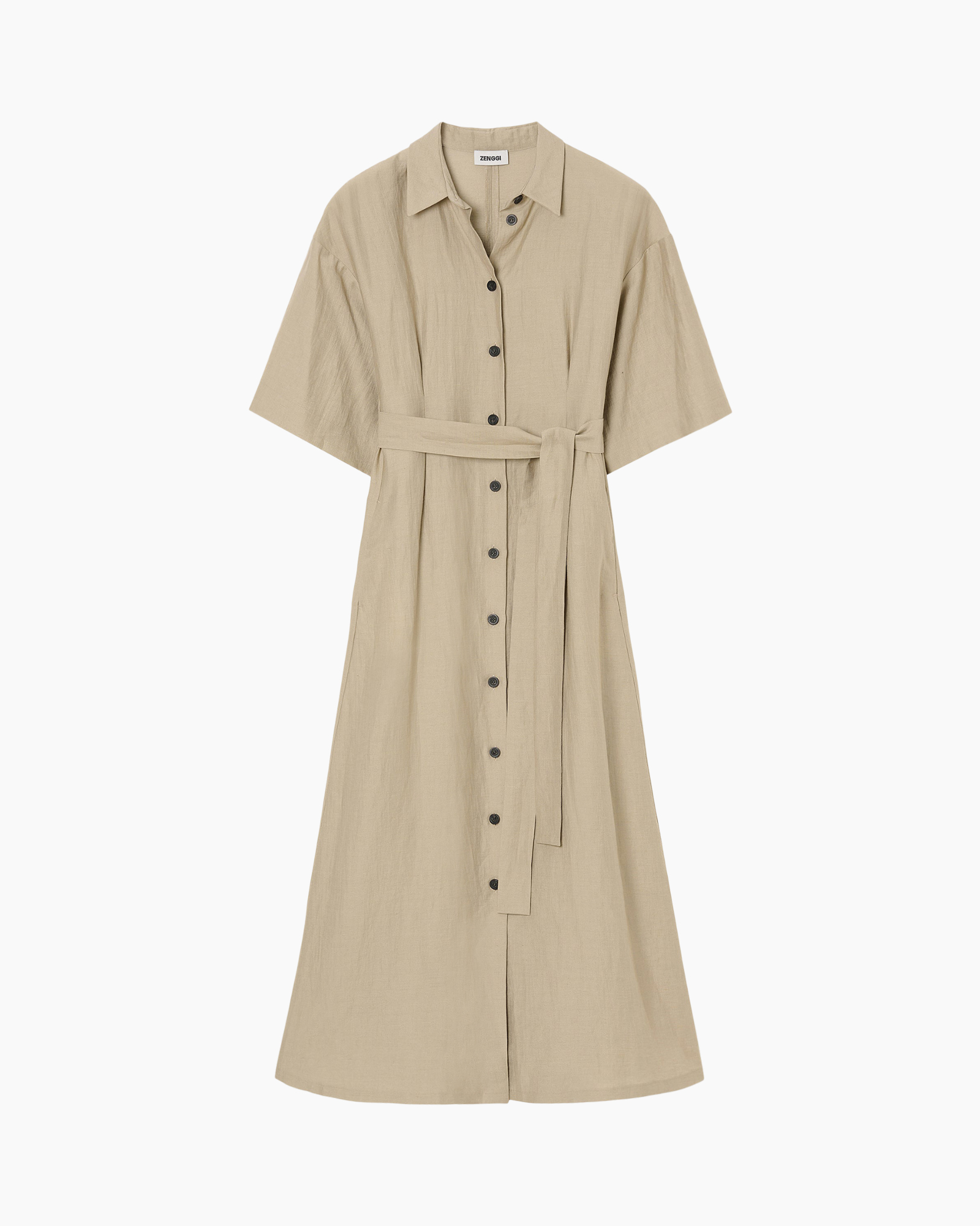 beige, jurk met blouse, knopen voor, riemcees, korte mouw