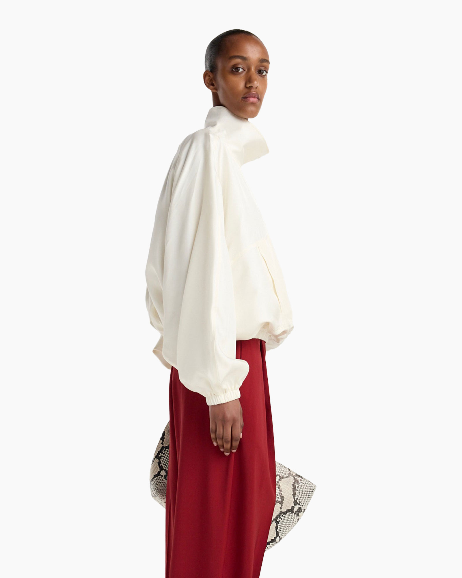 blouse, pofmouwen, hoge kraag, crème, tuxedo blouse