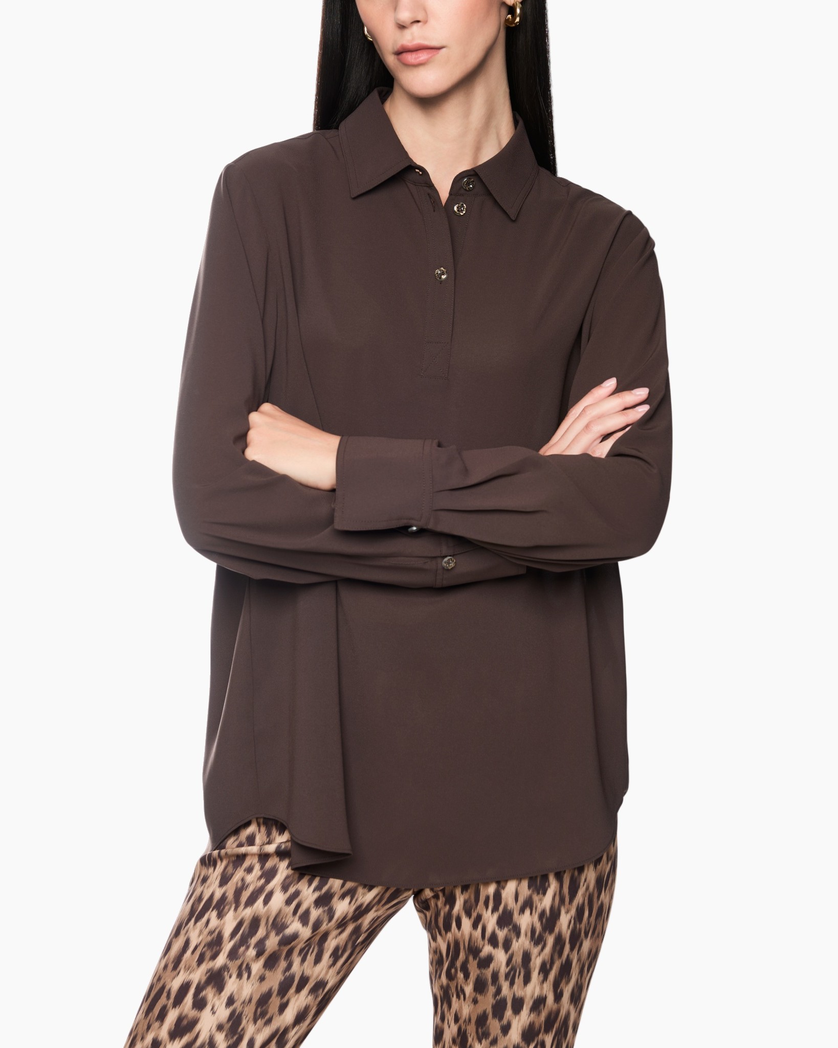 blouse, knopsluiting, lange mouwen, bruin, effen