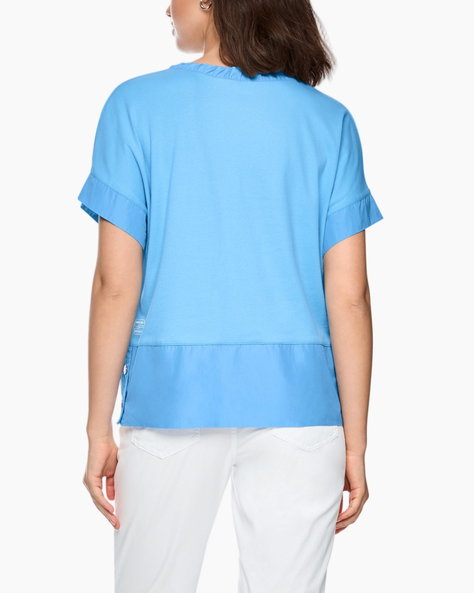 blue top, short sleeves, drawstring hood, casual blouse, woven fabric