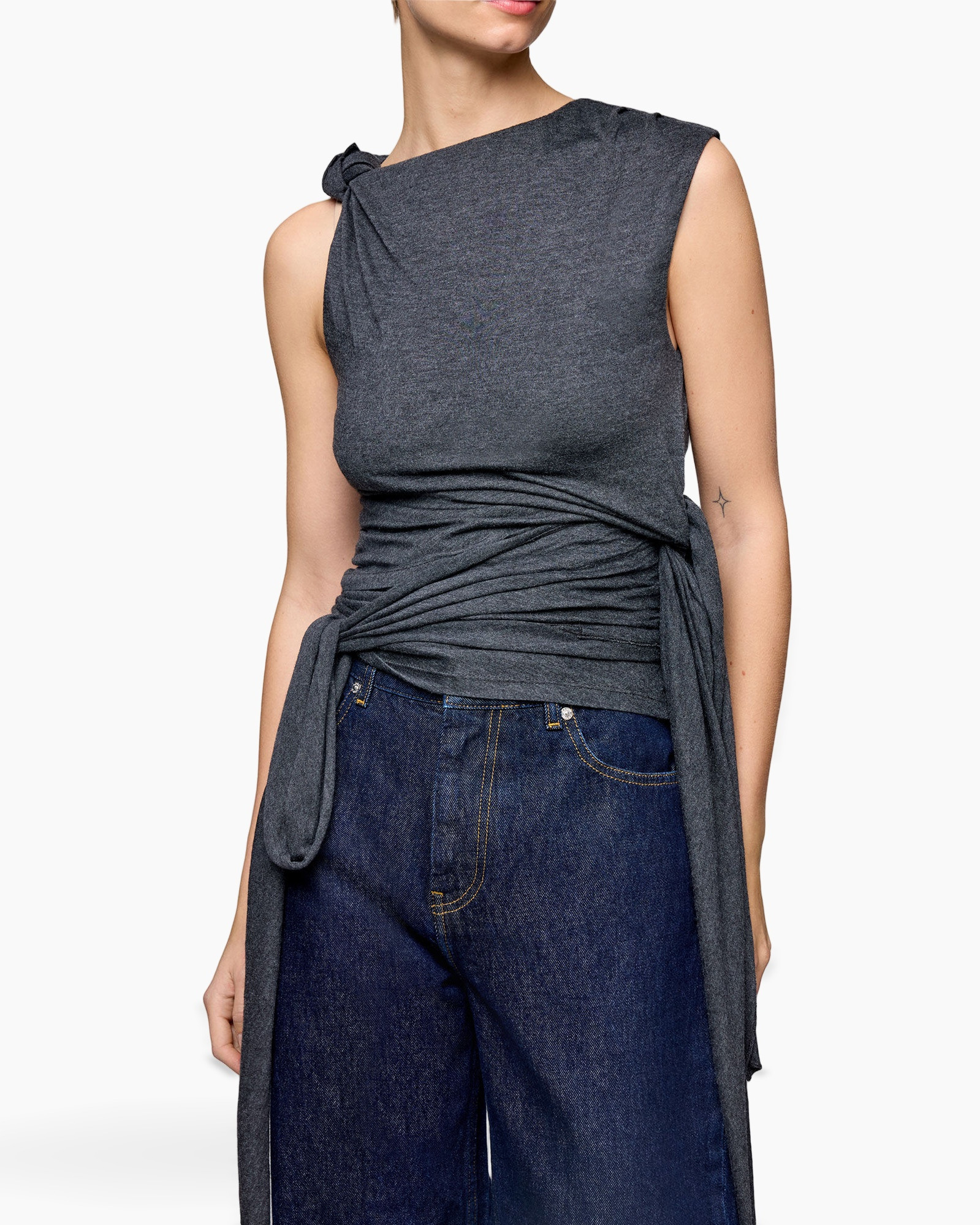 top, geknoopt, mouwloos, grijs, wrap