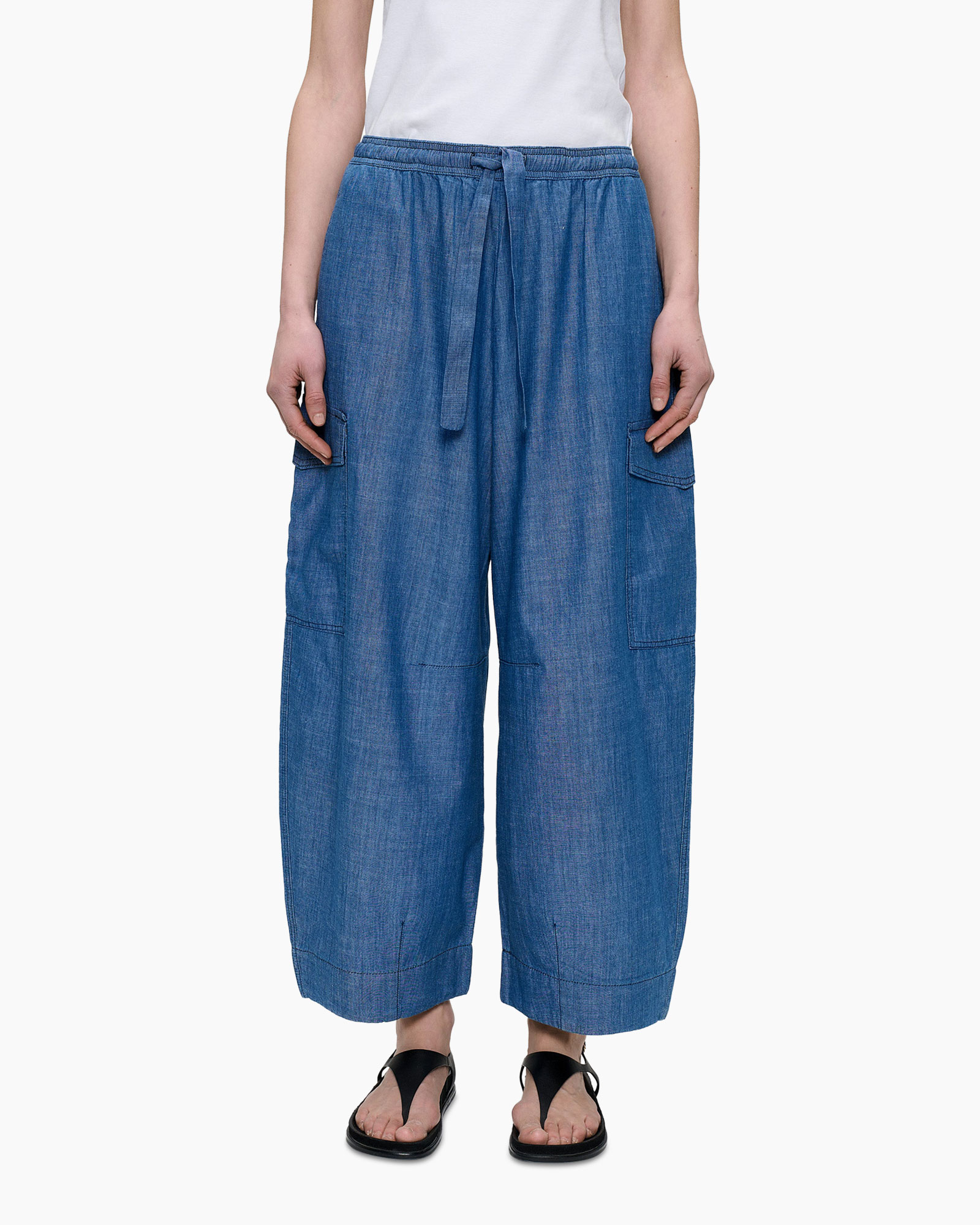 denim, wide-leg, cargo pockets, drawstring, ankle-length